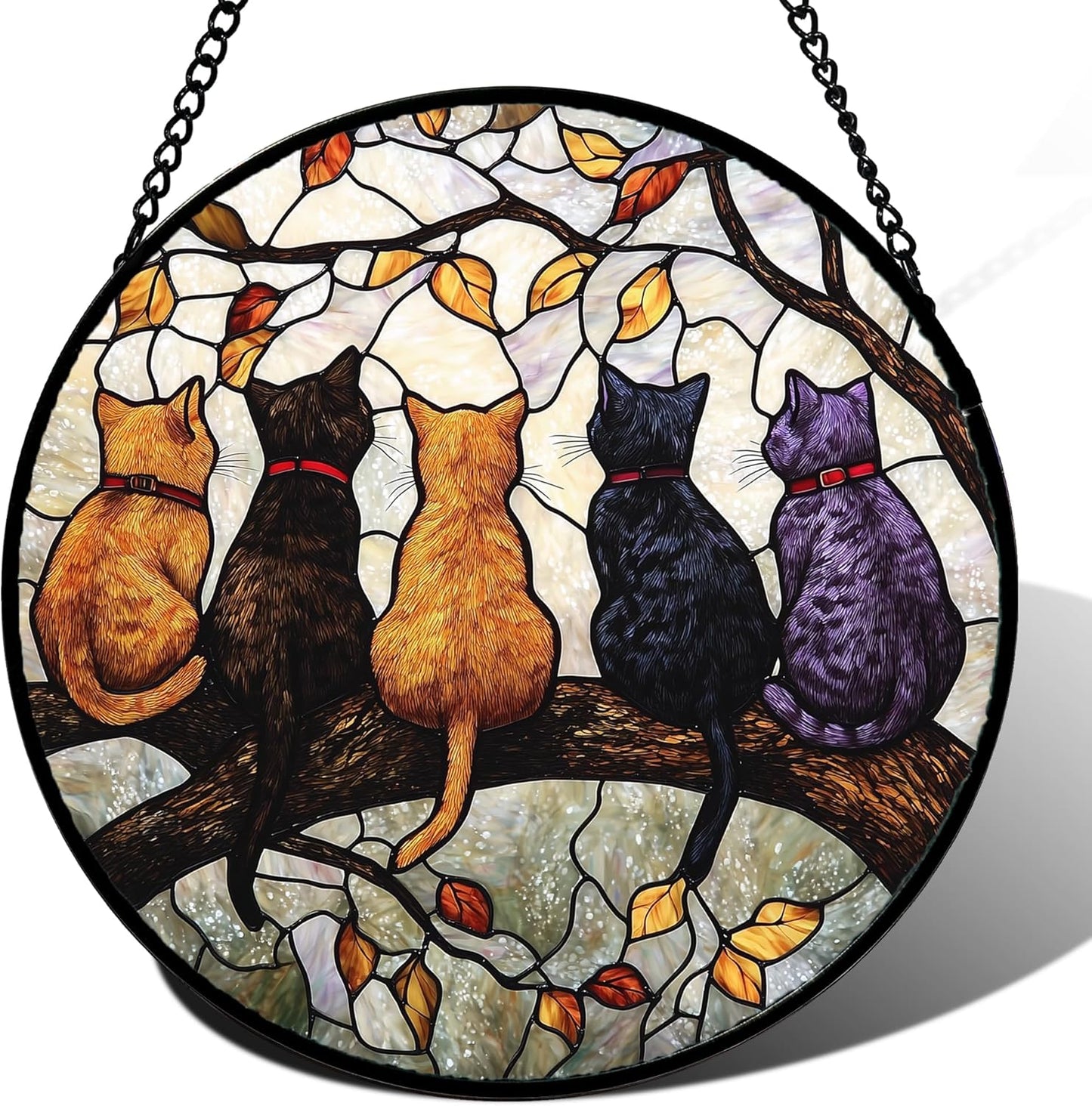 Stained Glass Cat Suncatcher – 5 Cats on a Branch Window Hanging, Home Decor Gift