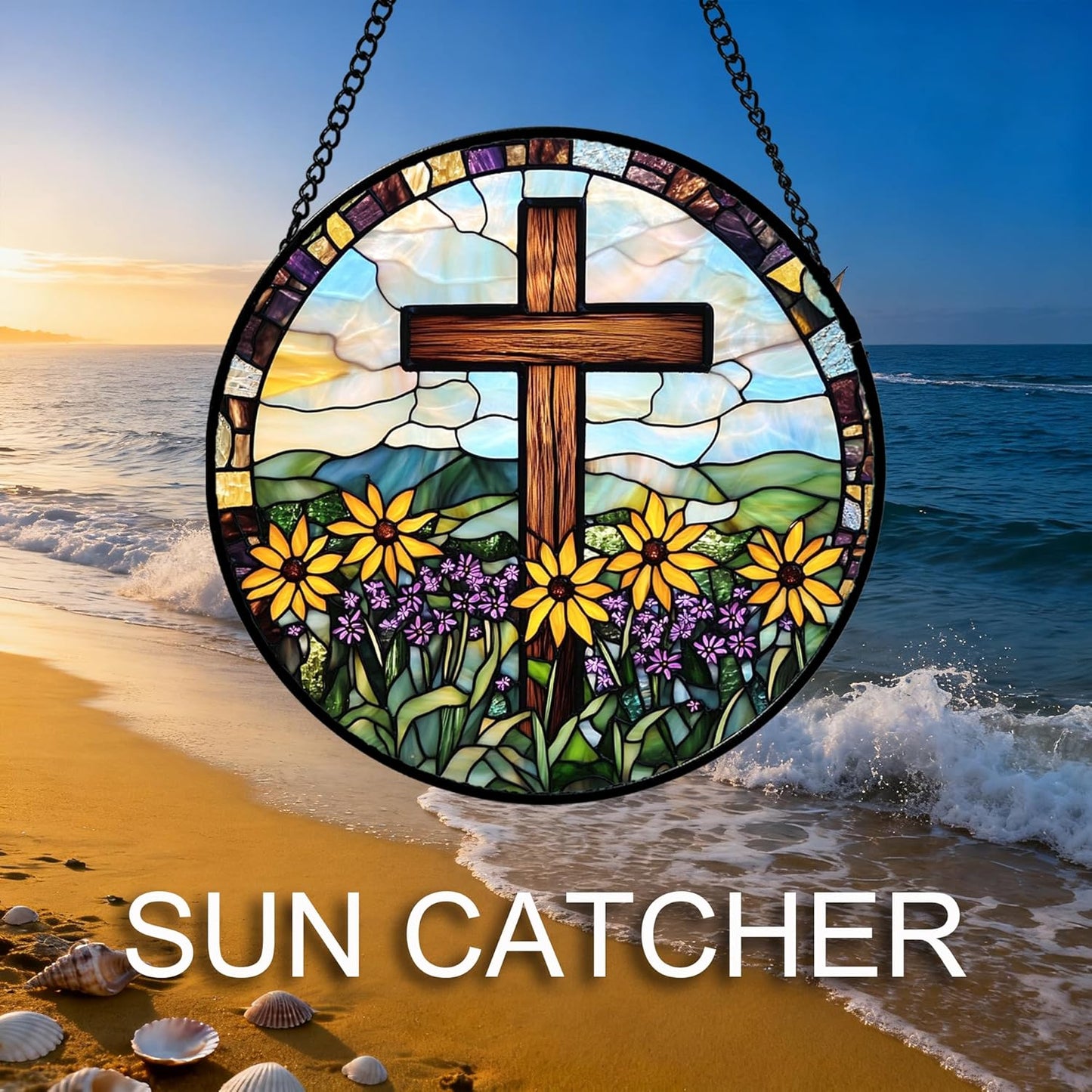 Christian Cross Stained Glass Sun Catcher – Religious Gifts for Women, Mom & Grandma | Easter & Mother’s Day Hanging Window Decor with Yellow Purple Wildflowers