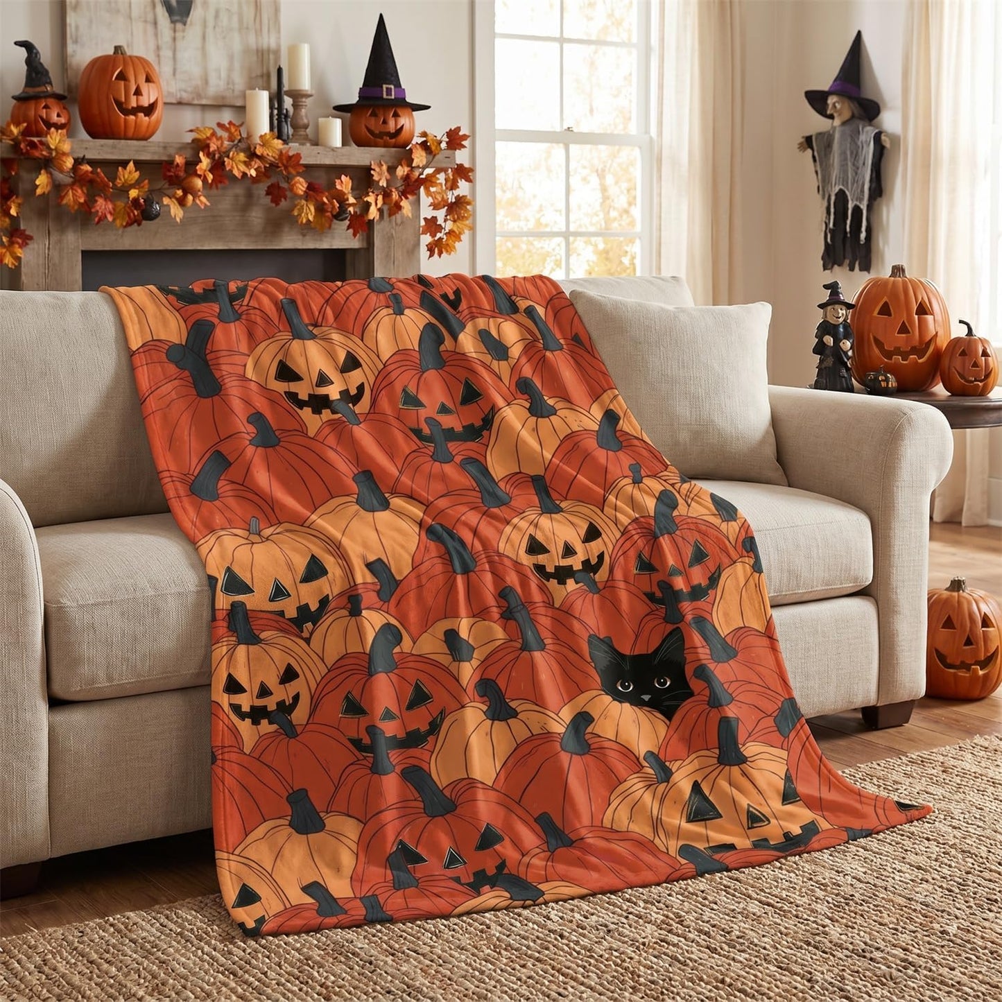 Fall Pumpkin Cat Throw Blanket – Ultra Soft Plush Flannel Fleece Blanket