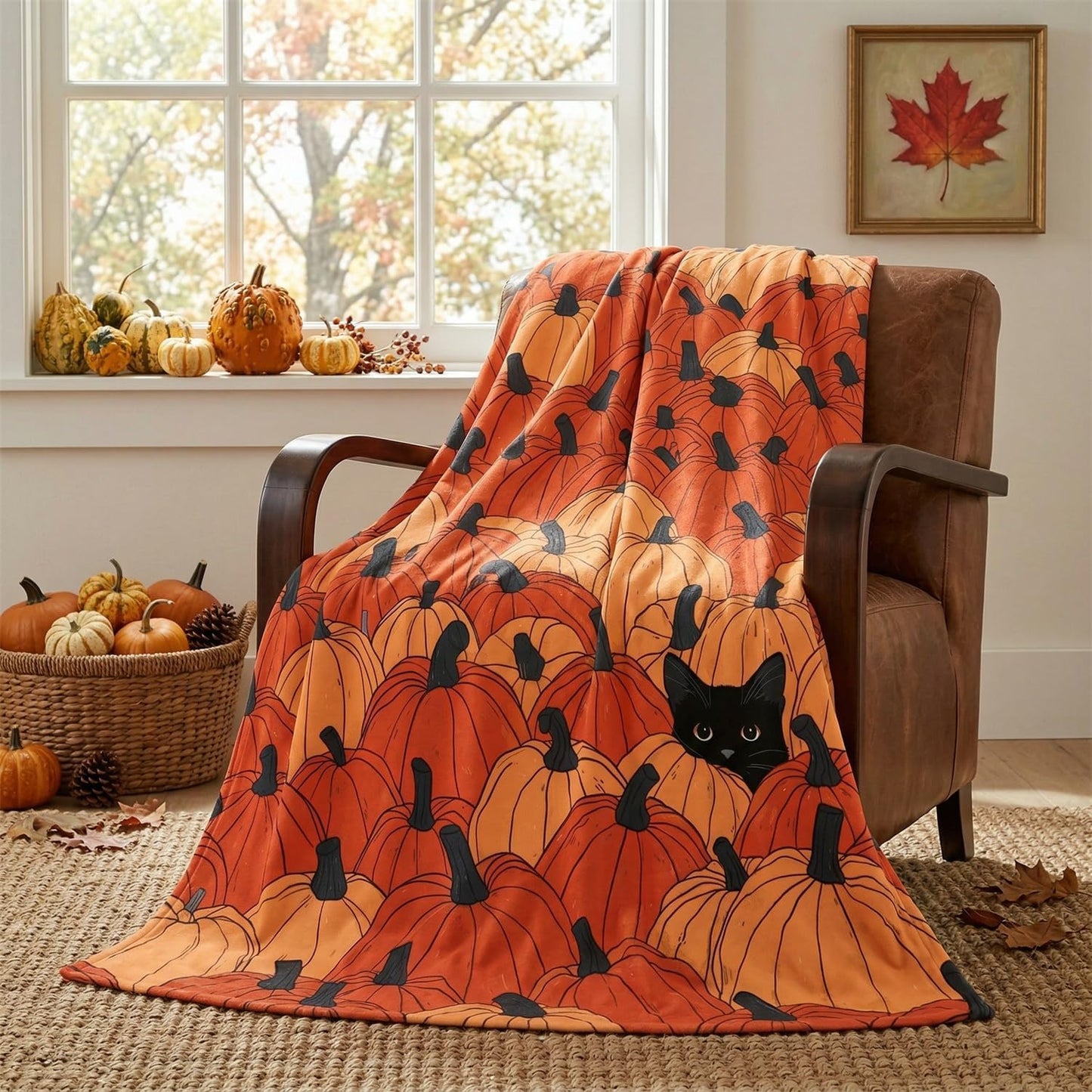 Fall Pumpkin Cat Throw Blanket – Ultra Soft Plush Flannel Fleece Blanket