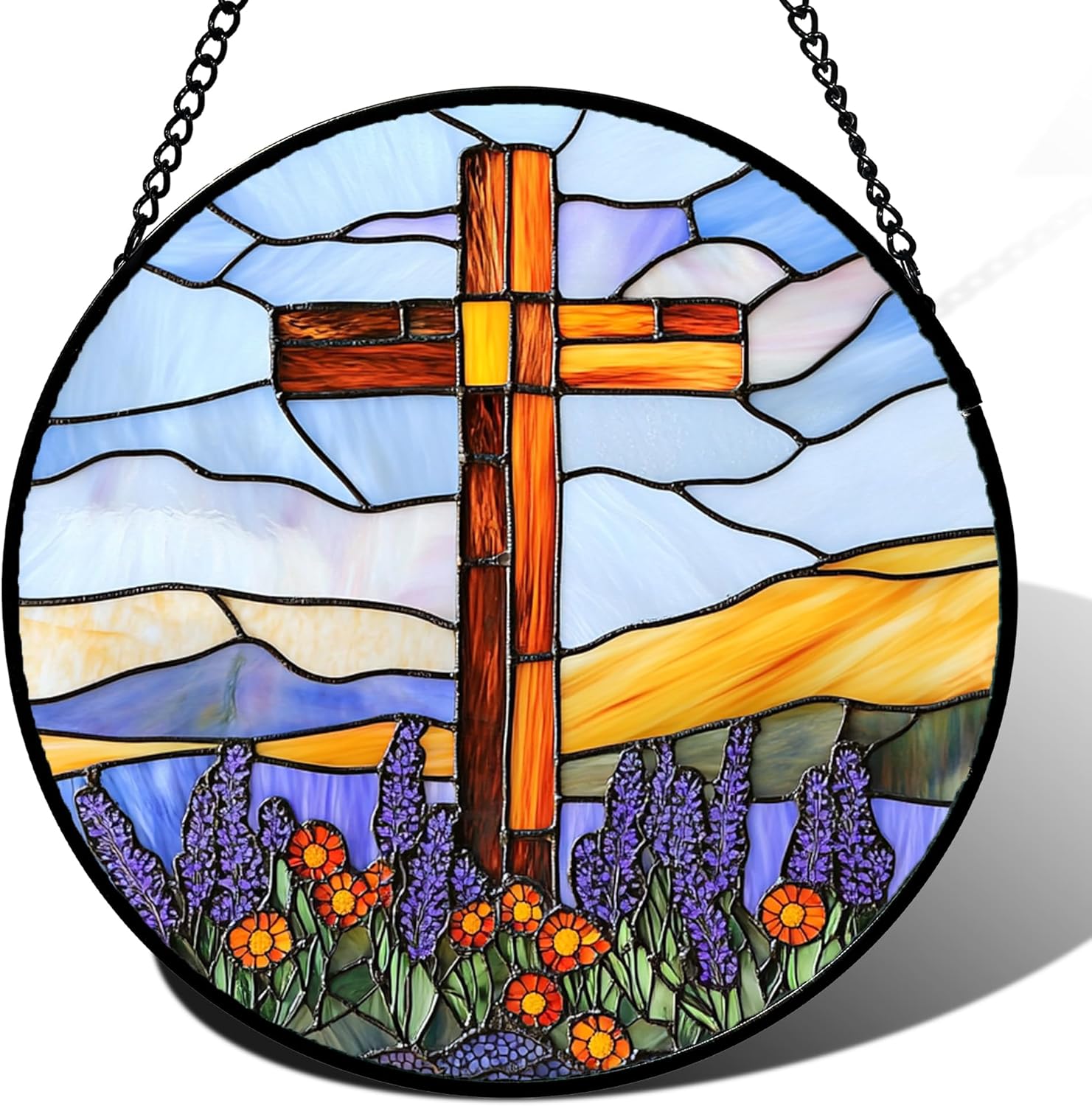 Christian Cross Stained Glass Sun Catcher – Religious Gifts for Women, Mom & Grandma | Easter & Mother’s Day Hanging Window Decor with Yellow Purple Wildflowers