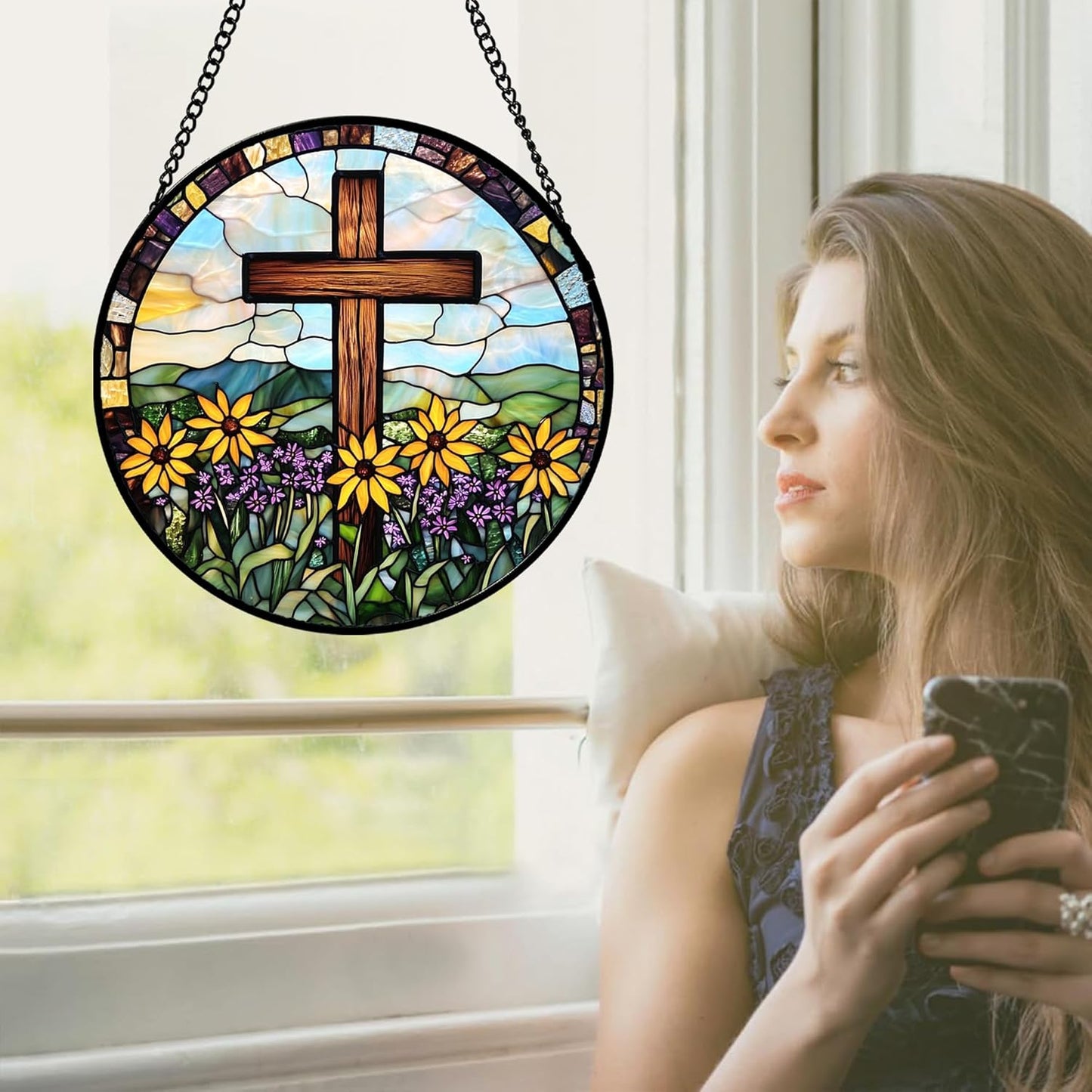Christian Cross Stained Glass Sun Catcher – Religious Gifts for Women, Mom & Grandma | Easter & Mother’s Day Hanging Window Decor with Yellow Purple Wildflowers