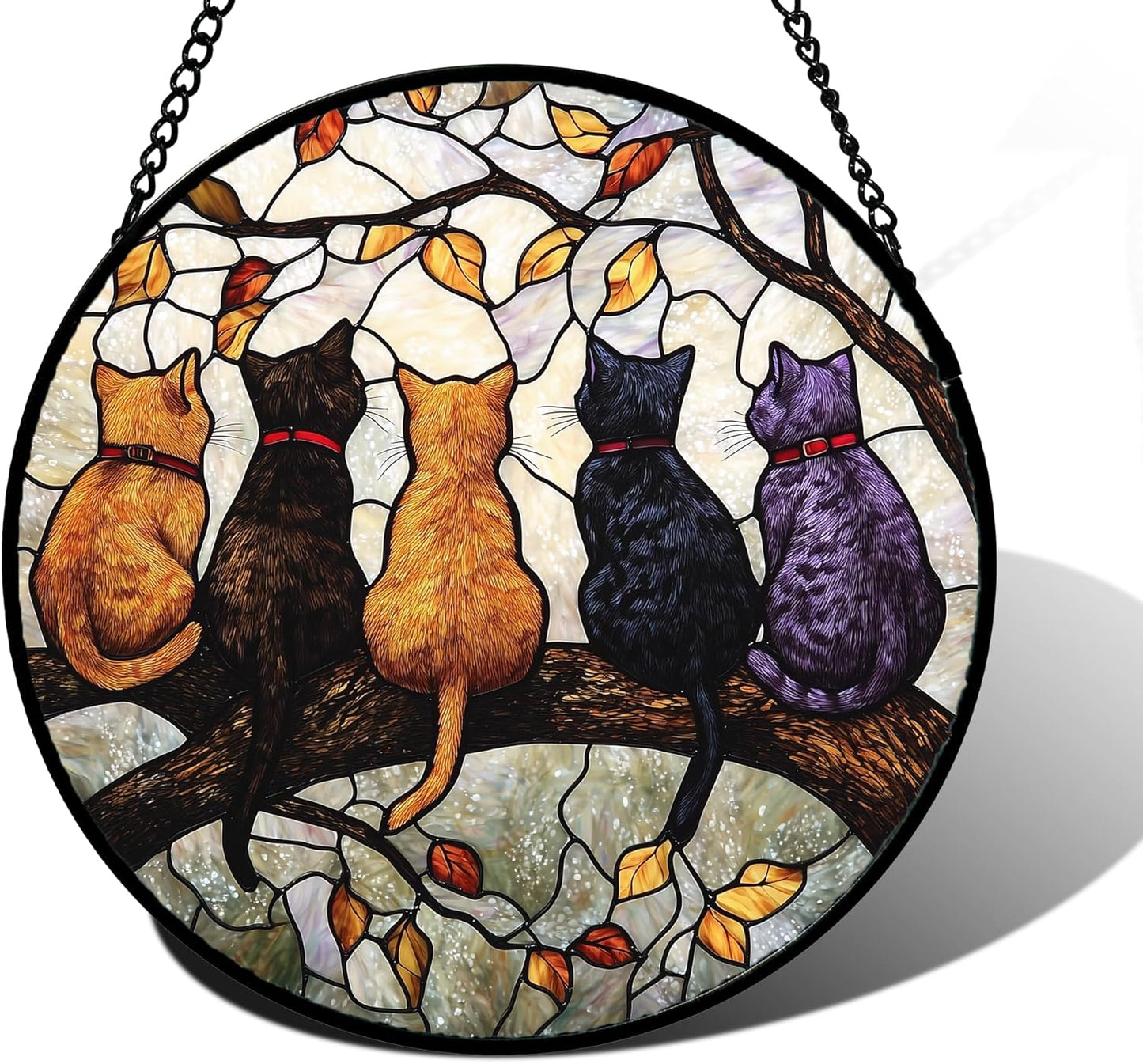 Stained Glass Cat Suncatcher – 5 Cats on a Branch Window Hanging, Home Decor Gift