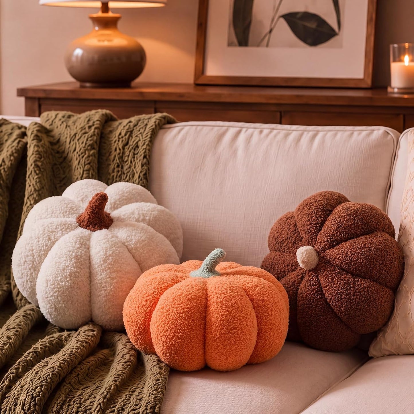 Stuffed Pumpkin Pillows Set of 3 – Soft Plush Fall Decorative Cushions