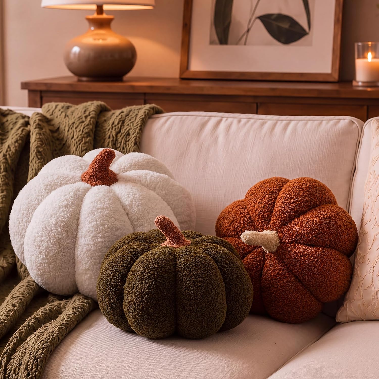 Stuffed Pumpkin Pillows Set of 3 – Soft Plush Fall Decorative Cushions