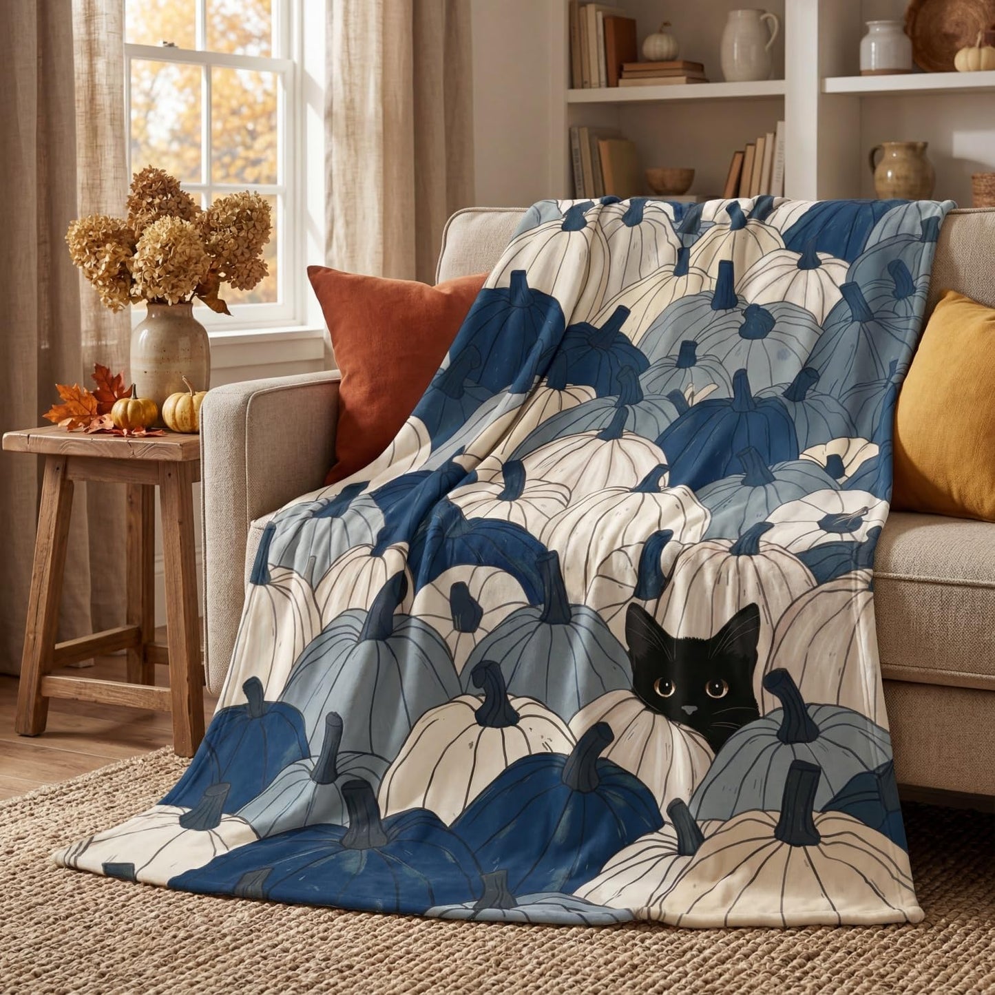 Fall Pumpkin Cat Throw Blanket – Ultra Soft Plush Flannel Fleece Blanket