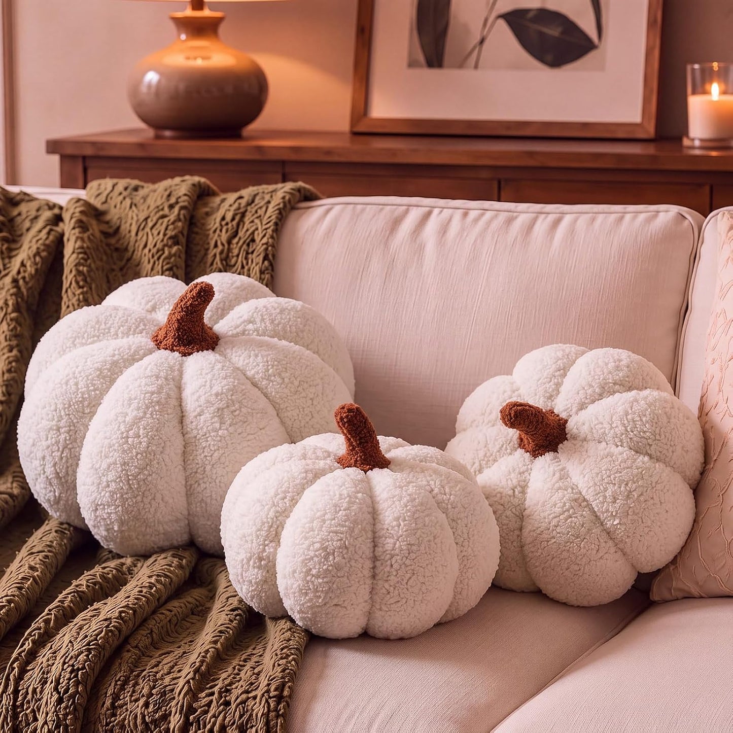 Stuffed Pumpkin Pillows Set of 3 – Soft Plush Fall Decorative Cushions
