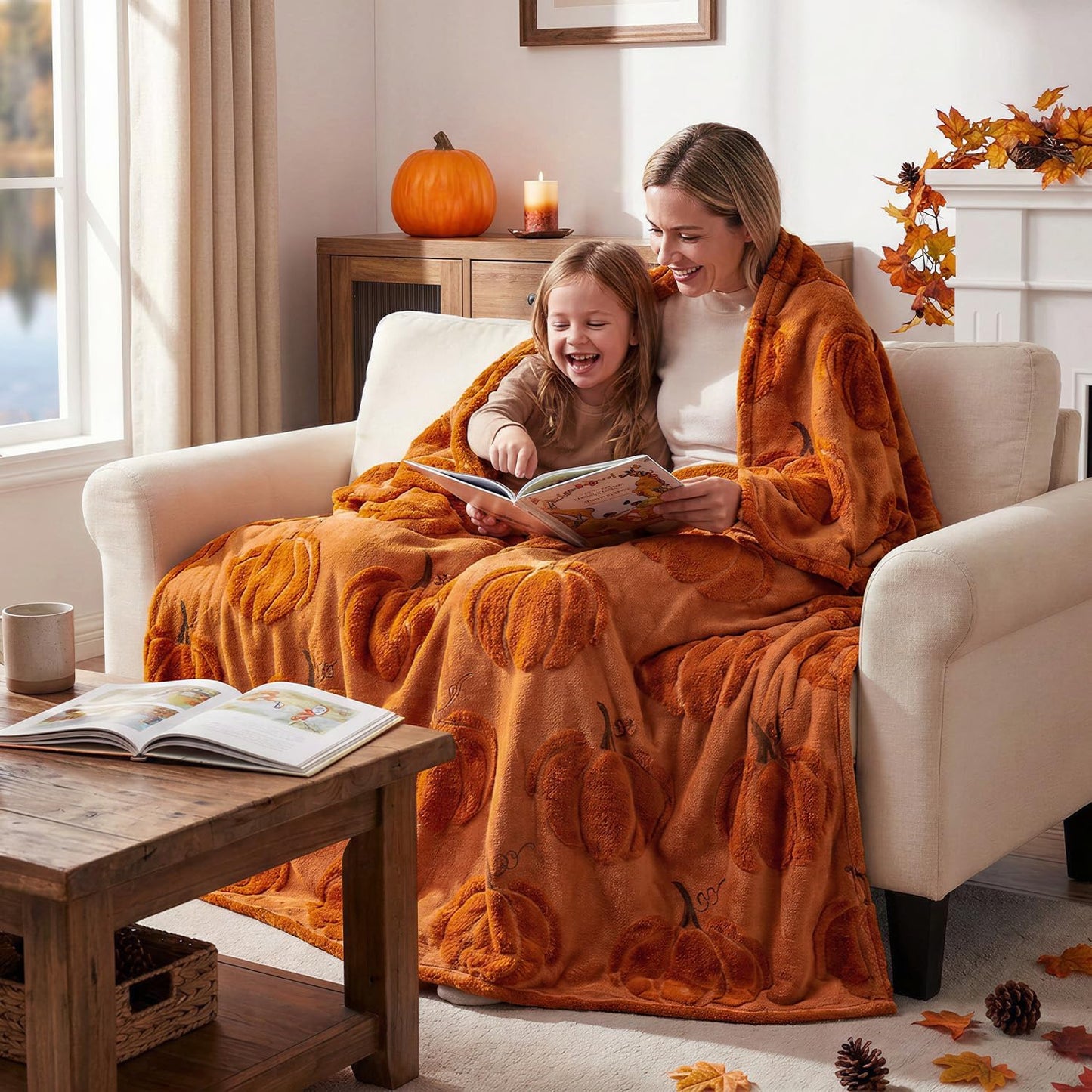 Fall Pumpkin Throw Blanket – 50 x 60 Inch Ultra Soft Sherpa Fleece & Faux Wool Blanket