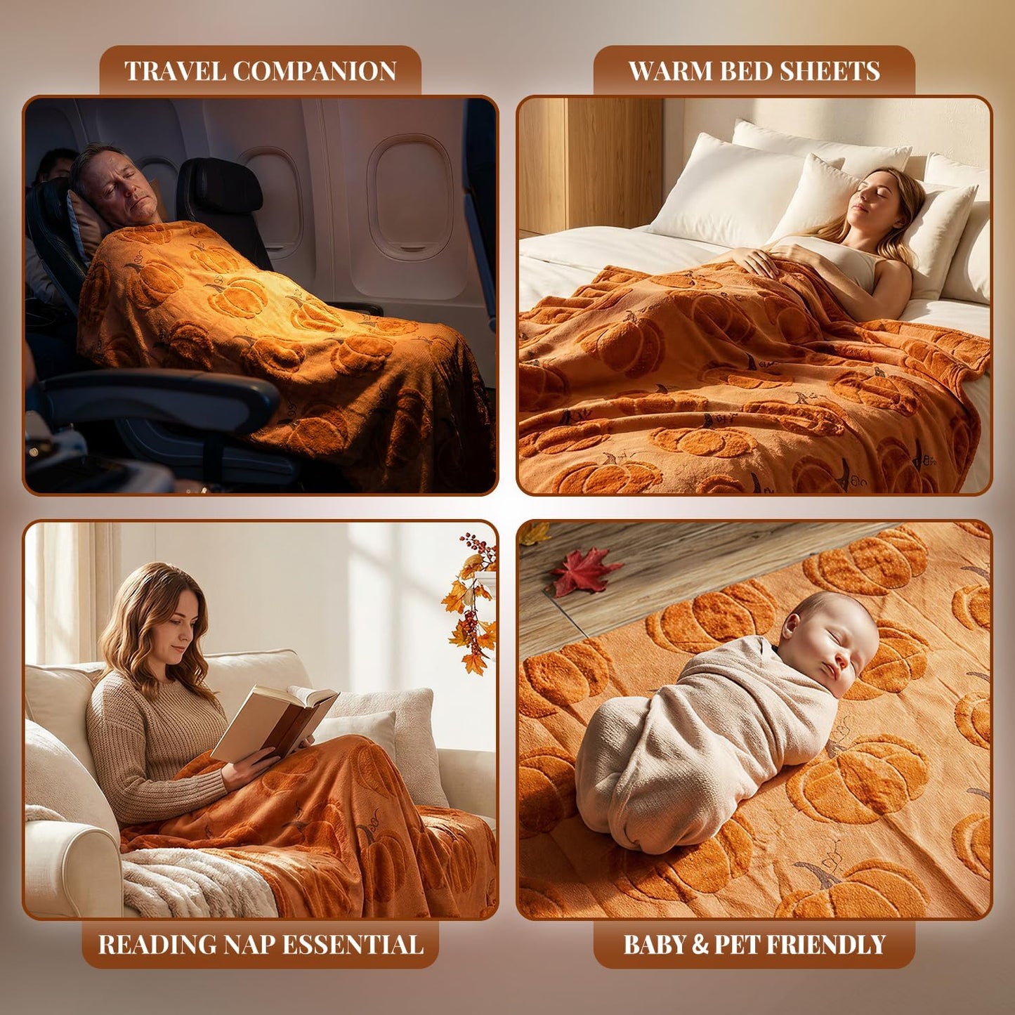 Fall Pumpkin Throw Blanket – 50 x 60 Inch Ultra Soft Sherpa Fleece & Faux Wool Blanket