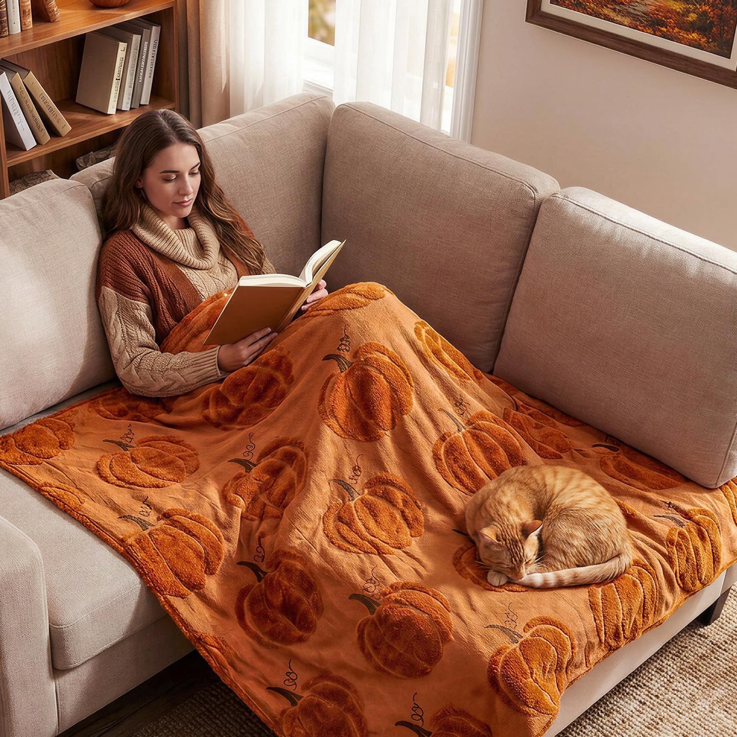 Fall Pumpkin Throw Blanket – 50 x 60 Inch Ultra Soft Sherpa Fleece & Faux Wool Blanket