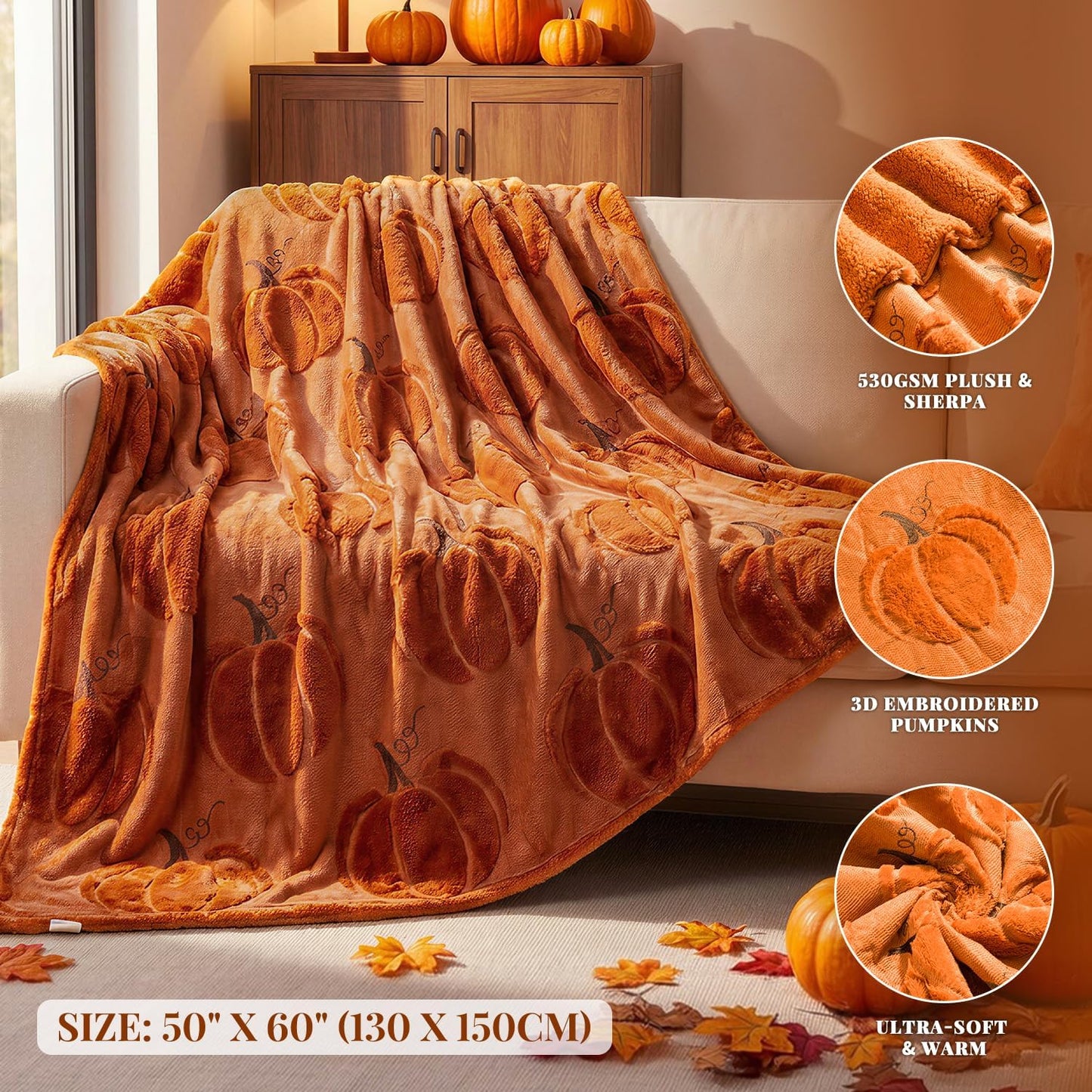Fall Pumpkin Throw Blanket – 50 x 60 Inch Ultra Soft Sherpa Fleece & Faux Wool Blanket