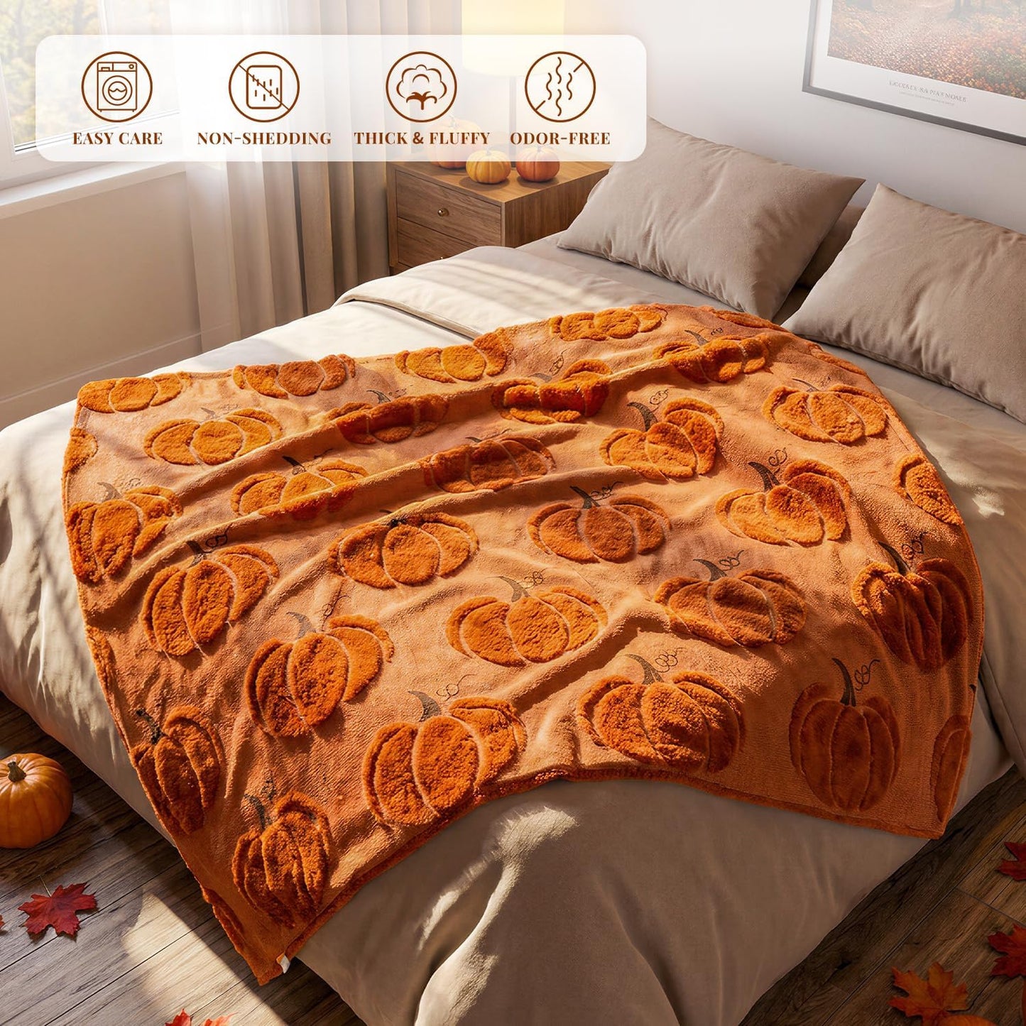 Fall Pumpkin Throw Blanket – 50 x 60 Inch Ultra Soft Sherpa Fleece & Faux Wool Blanket