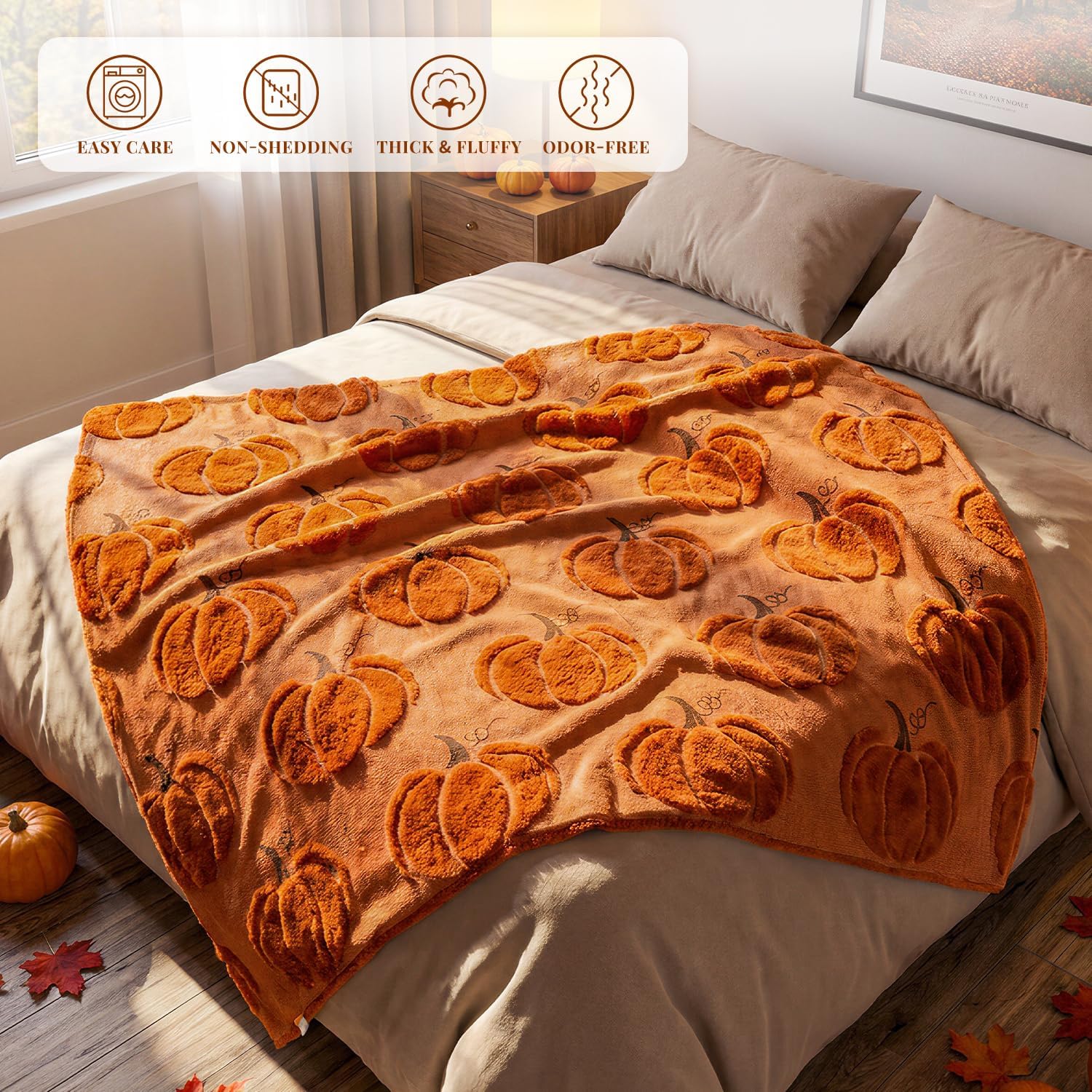 Fall Pumpkin Throw Blanket – 50 x 60 Inch Ultra Soft Sherpa Fleece & Faux Wool Blanket