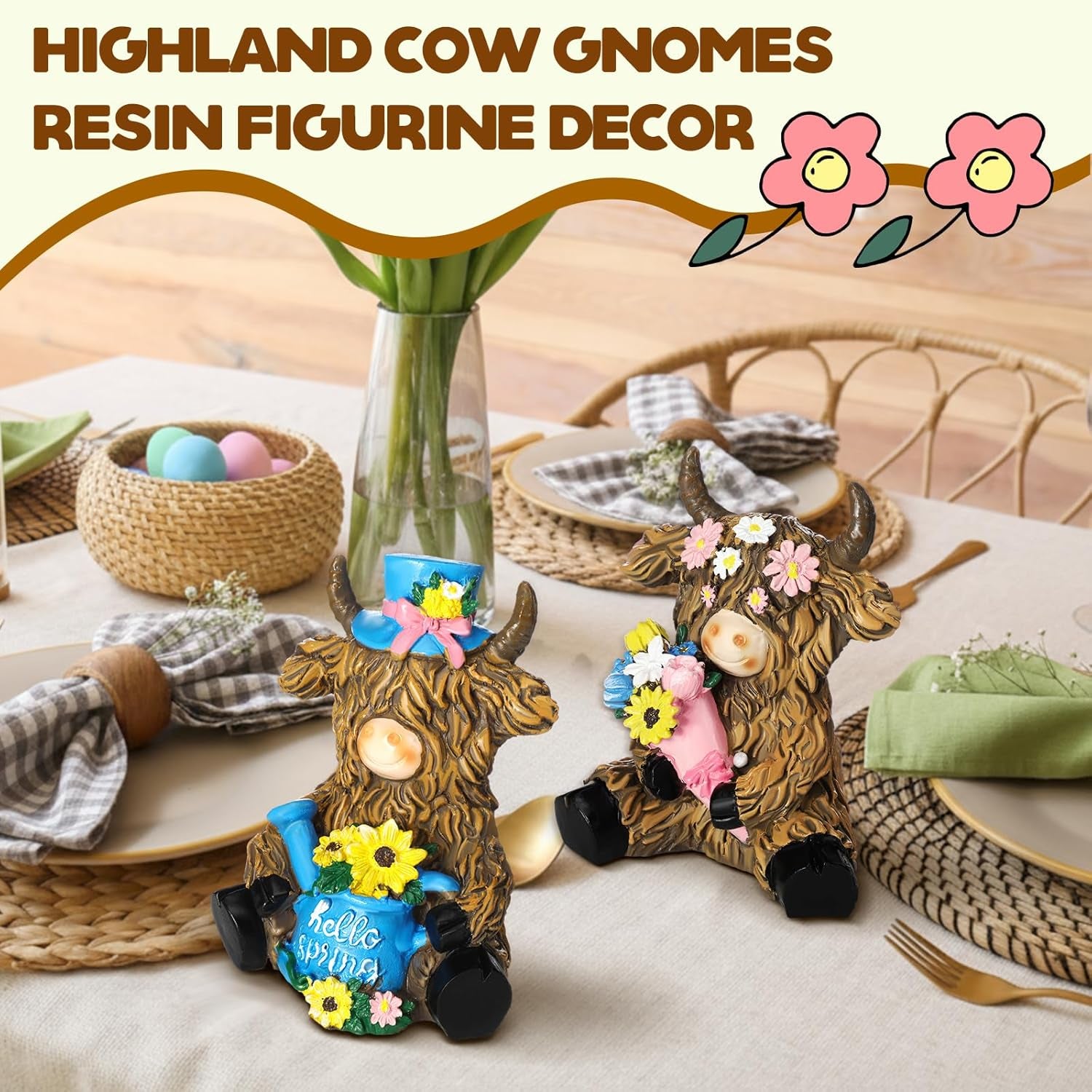 2 Pack Spring Highland Cow Resin Figurine Spring Bathroom Highland Cow Gnomes with Flower Starfish Resin Statue for Garden Table Shelf Home Decor Calf Gnome Herd Gifts