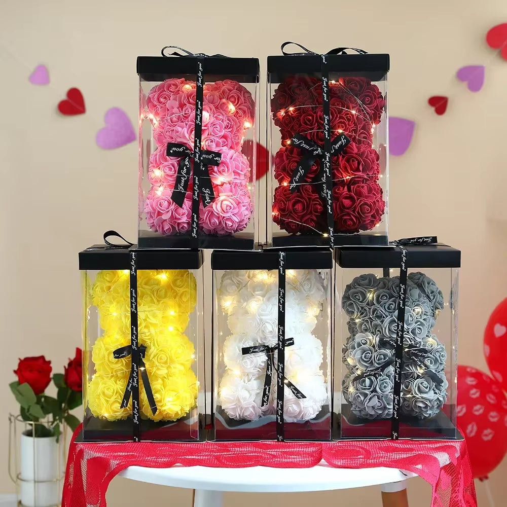 Home Eternal Flower 25Cm Artificial Teddy Rose Flower Bear with Box Girlfriend Women Birthday Wedding Party Decor Romantic Gift