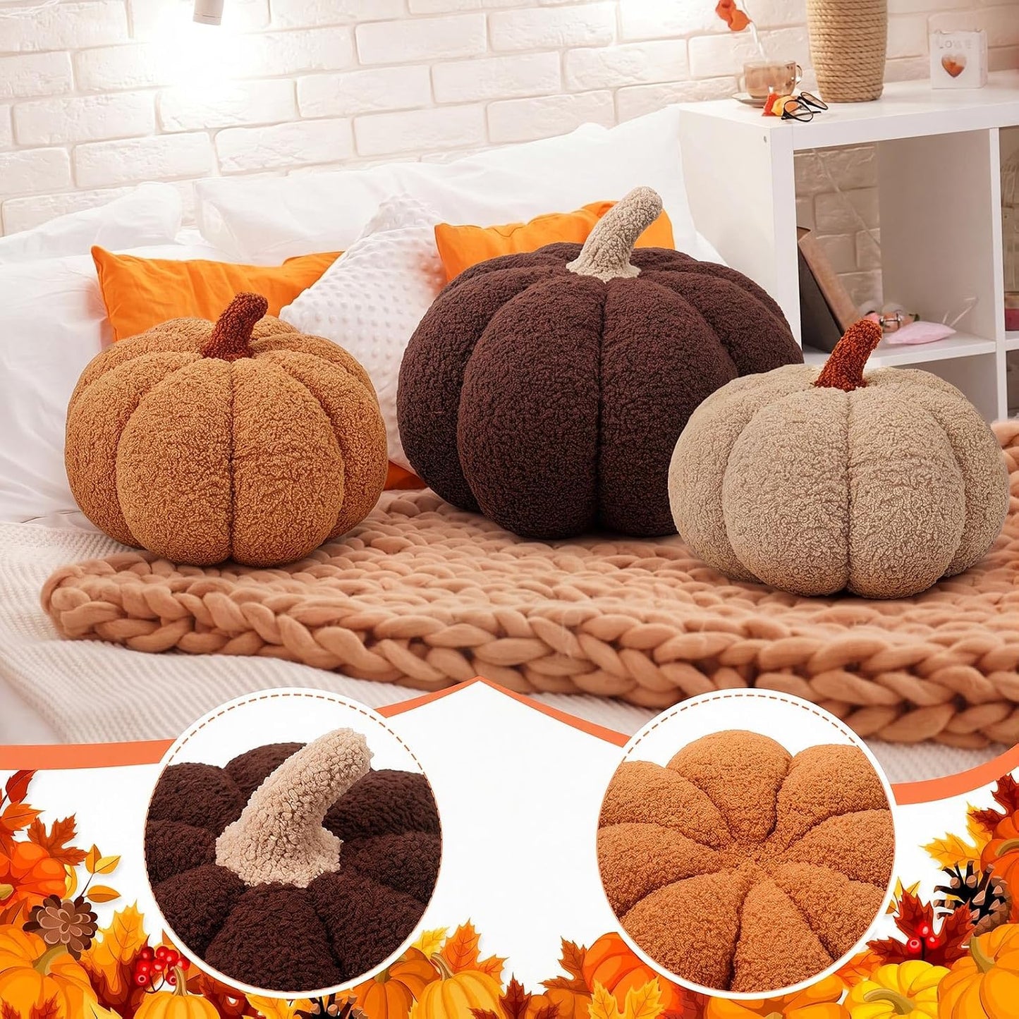 Stuffed Pumpkin Pillows Set of 3 – Soft Plush Fall Decorative Cushions