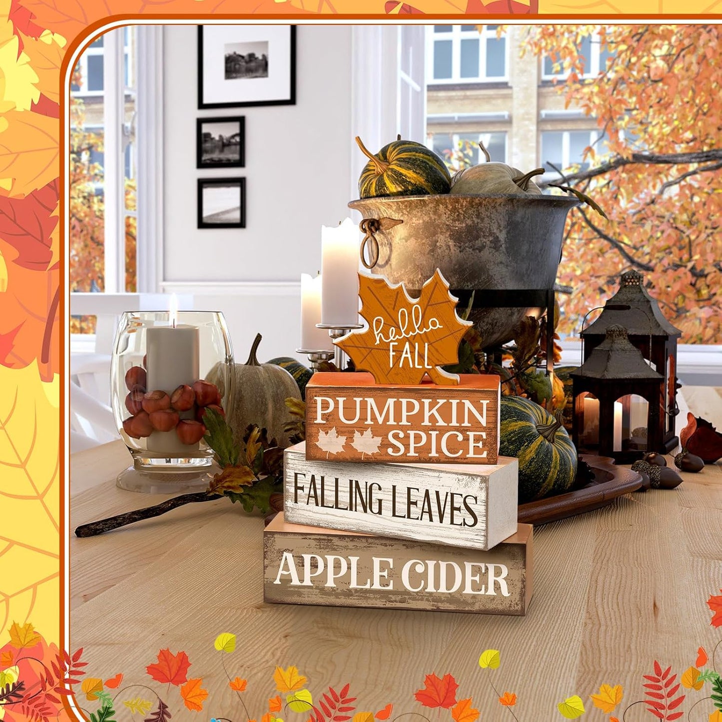 Fall Wooden Maple Leaf Decorations Set of 4 – Rustic Autumn Tiered Tray Decor