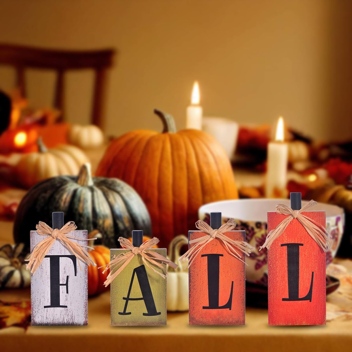 Rustic Fall Wooden Decor Signs Set of 4 – Farmhouse Autumn Table Centerpieces