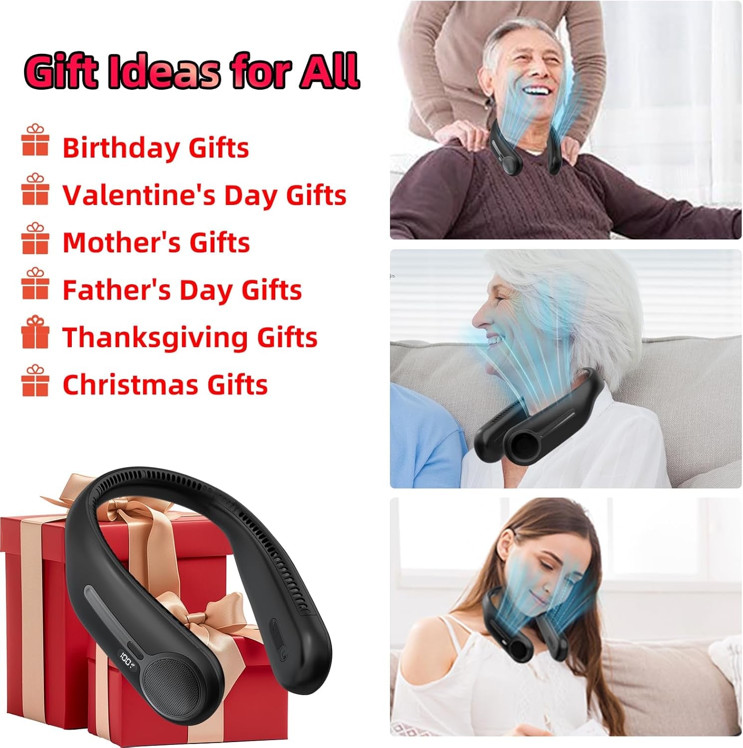 Portable Neck Fan, Personal Wearable Bladeless Fan, 6000Mah USB Rechargeable, 360° Cooling, LED Display, 4-Speeds, Hands Free Fan for Outdoor Indoor, Birthday Gifts for Men Women Dad Mom (Black)