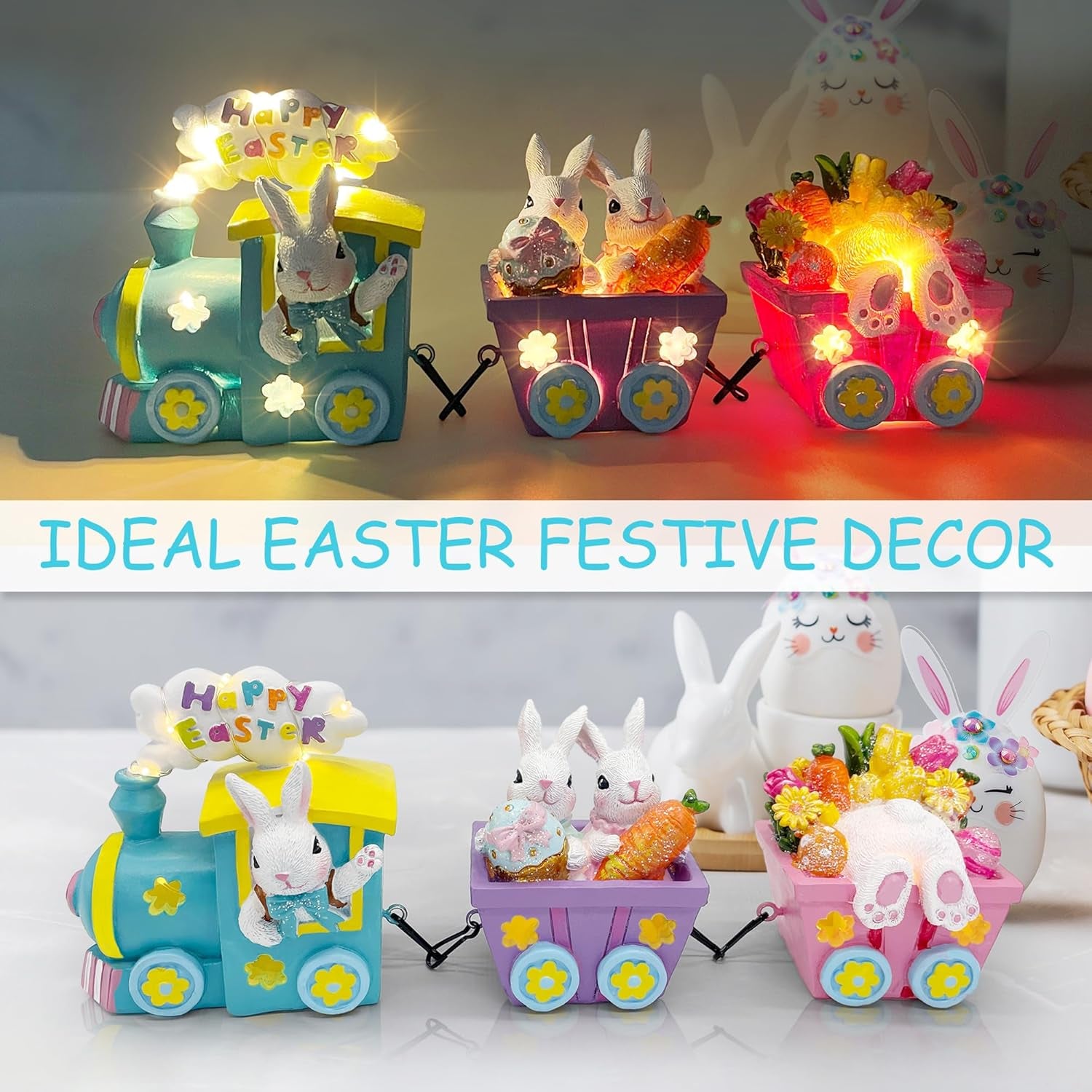 Lighted Easter Train Decor with Bunny – Easter Table Centerpiece Decoration