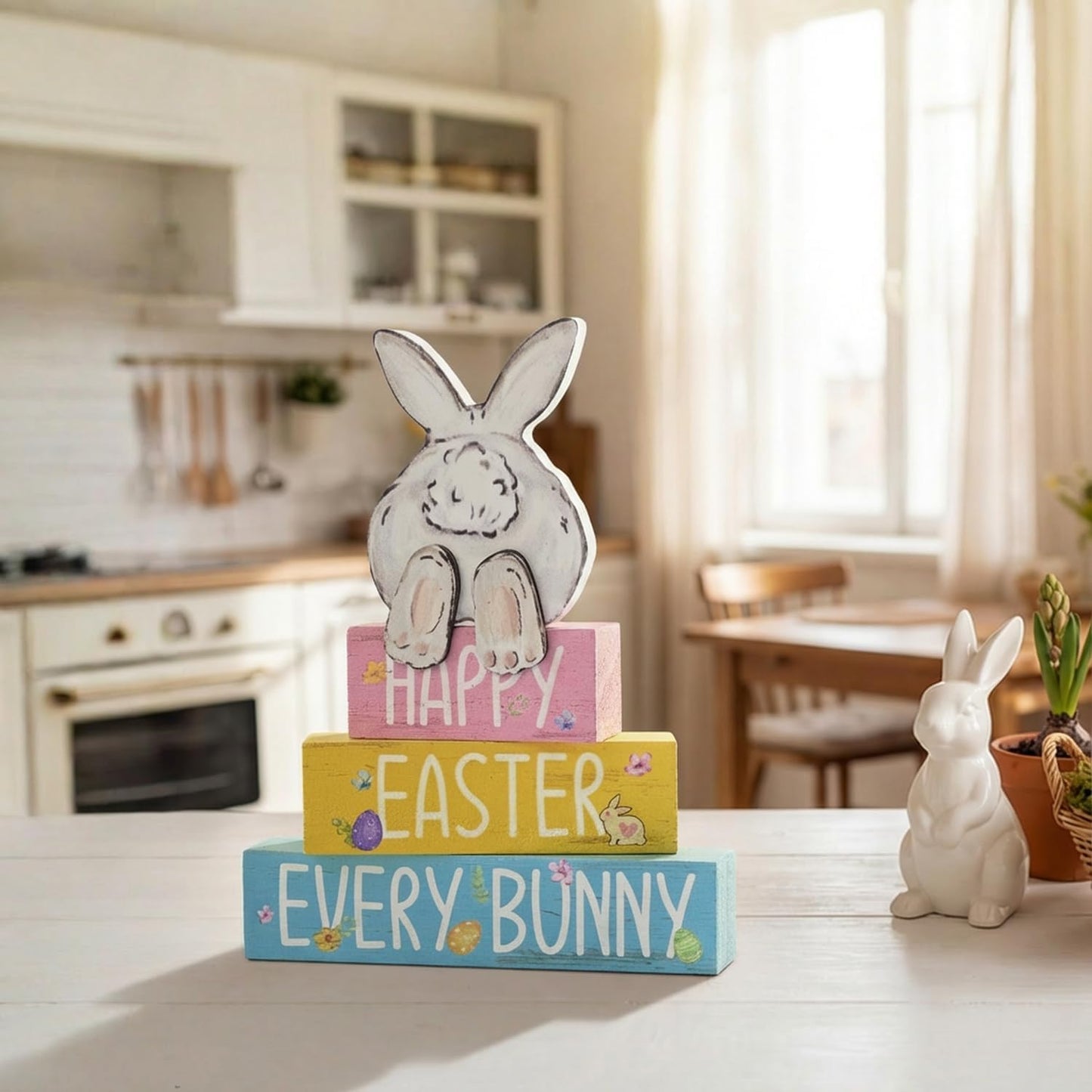 Easter Bunny Wooden Block Decor – Pastel Spring Tiered Tray Easter Sign