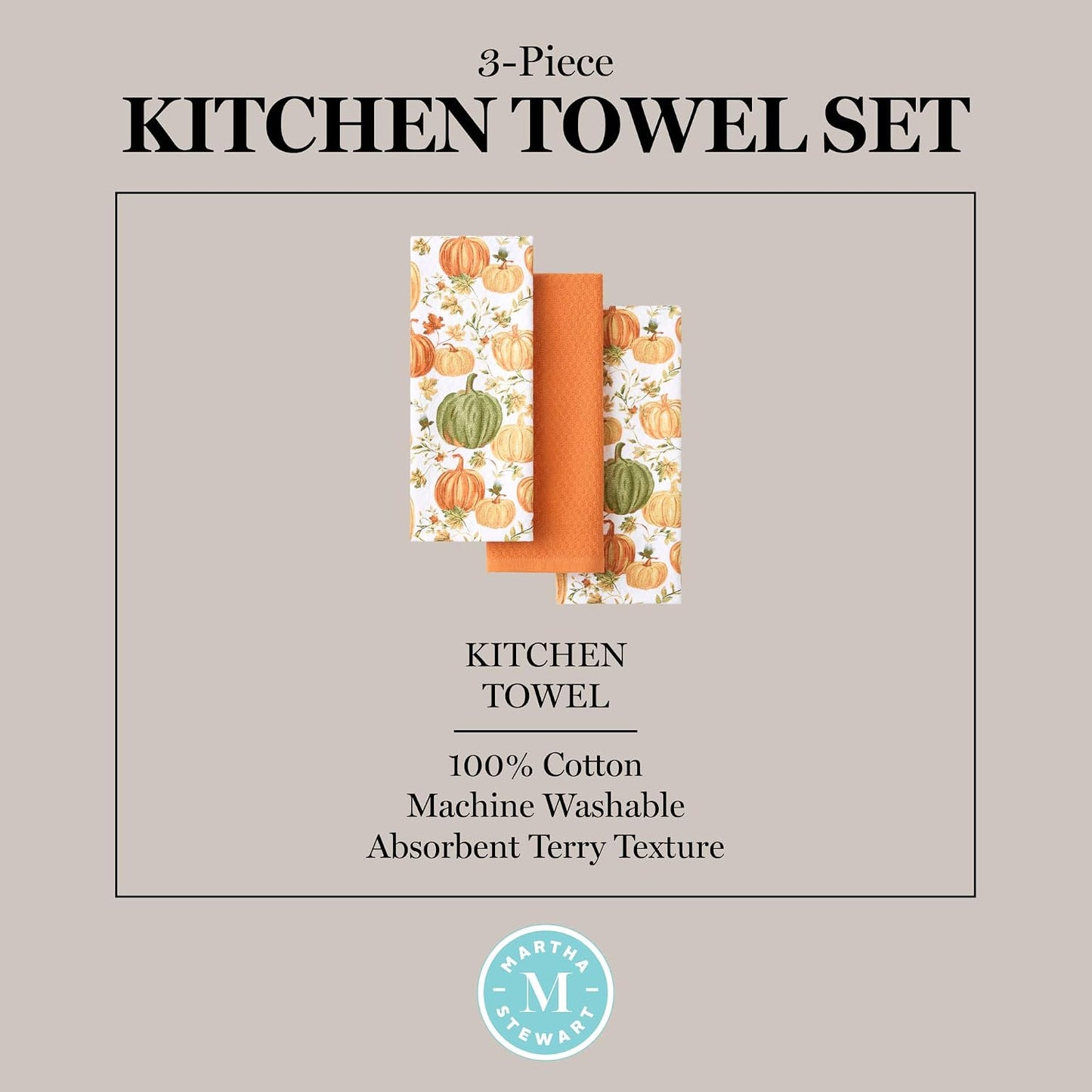 Autumn Harvest Pumpkin Kitchen Towels Set of 3 – 100% Cotton