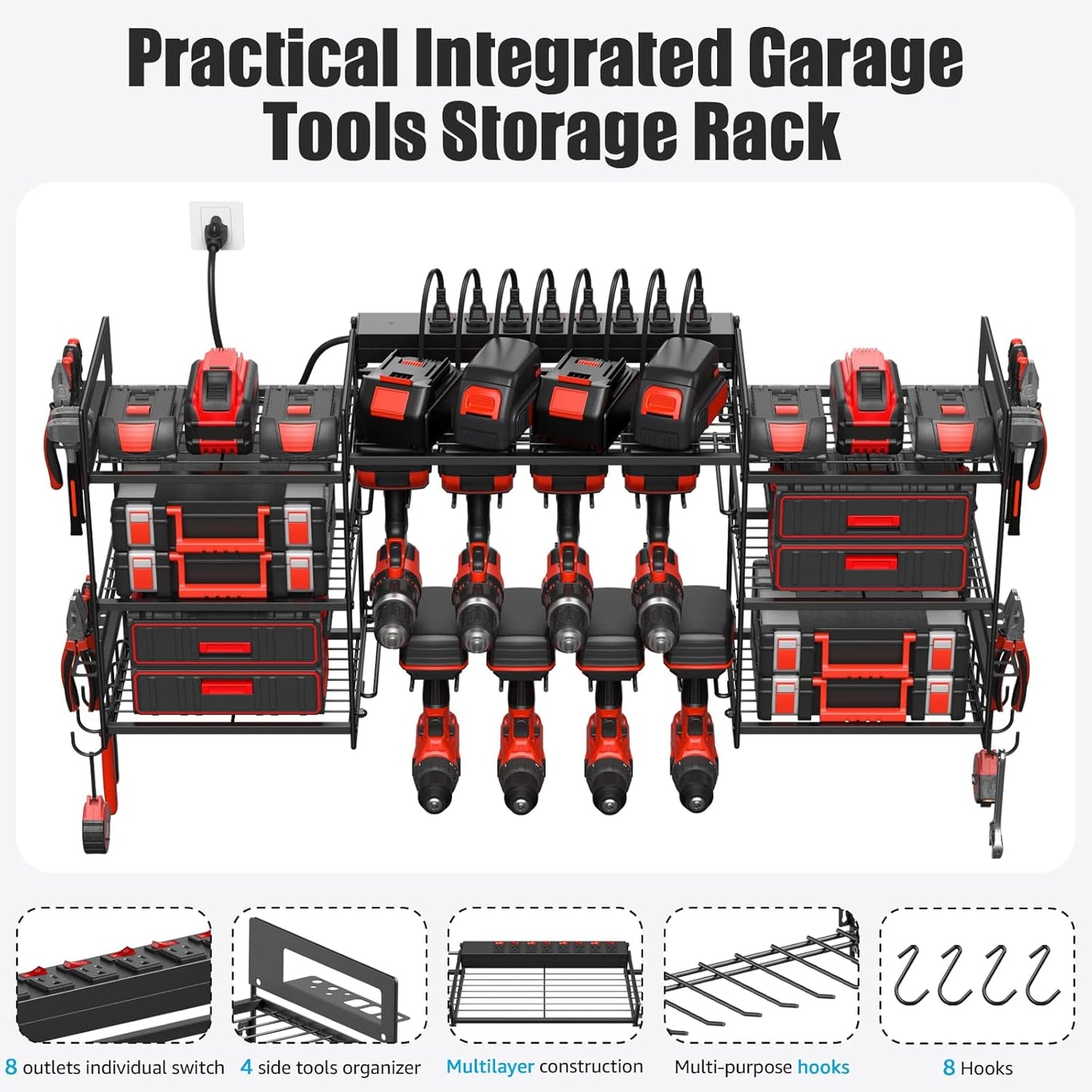 CCCEI Wall Mounted Power Tool Organizer – Heavy-Duty Garage Storage Rack with Charging Station, Power Strip with Individual Switches, Drill and Battery Holder Shelf