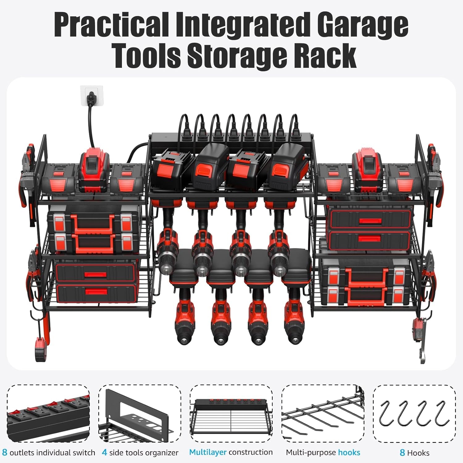 CCCEI Wall Mounted Power Tool Organizer – Heavy-Duty Garage Storage Rack with Charging Station, Power Strip with Individual Switches, Drill and Battery Holder Shelf