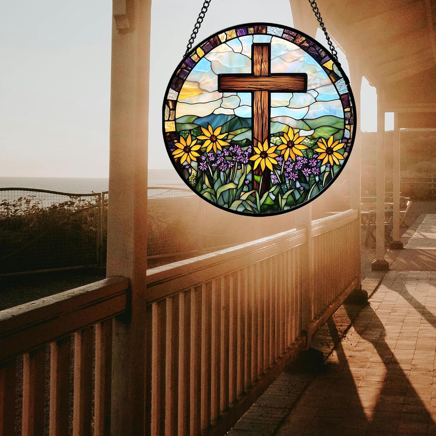 Christian Cross Stained Glass Sun Catcher – Religious Gifts for Women, Mom & Grandma | Easter & Mother’s Day Hanging Window Decor with Yellow Purple Wildflowers