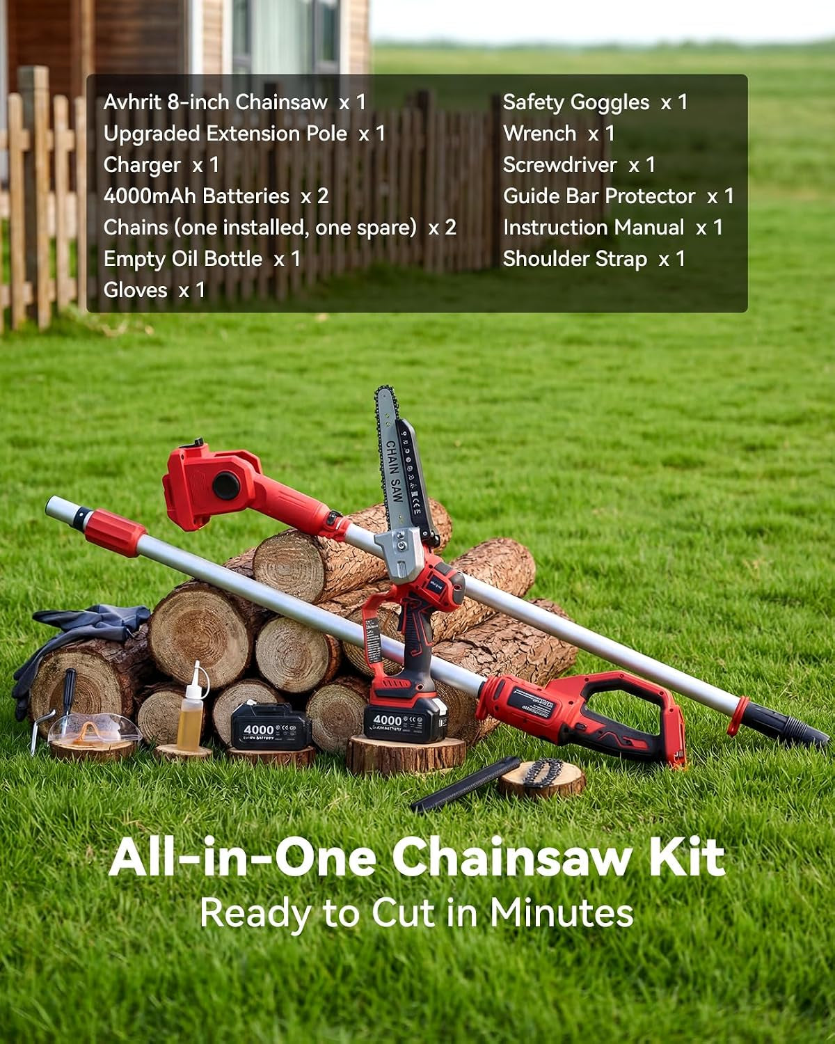 2-in-1 Cordless Pole Saw & Mini Chainsaw – 8-Inch Brushless Electric Chainsaw with Telescopic Pole