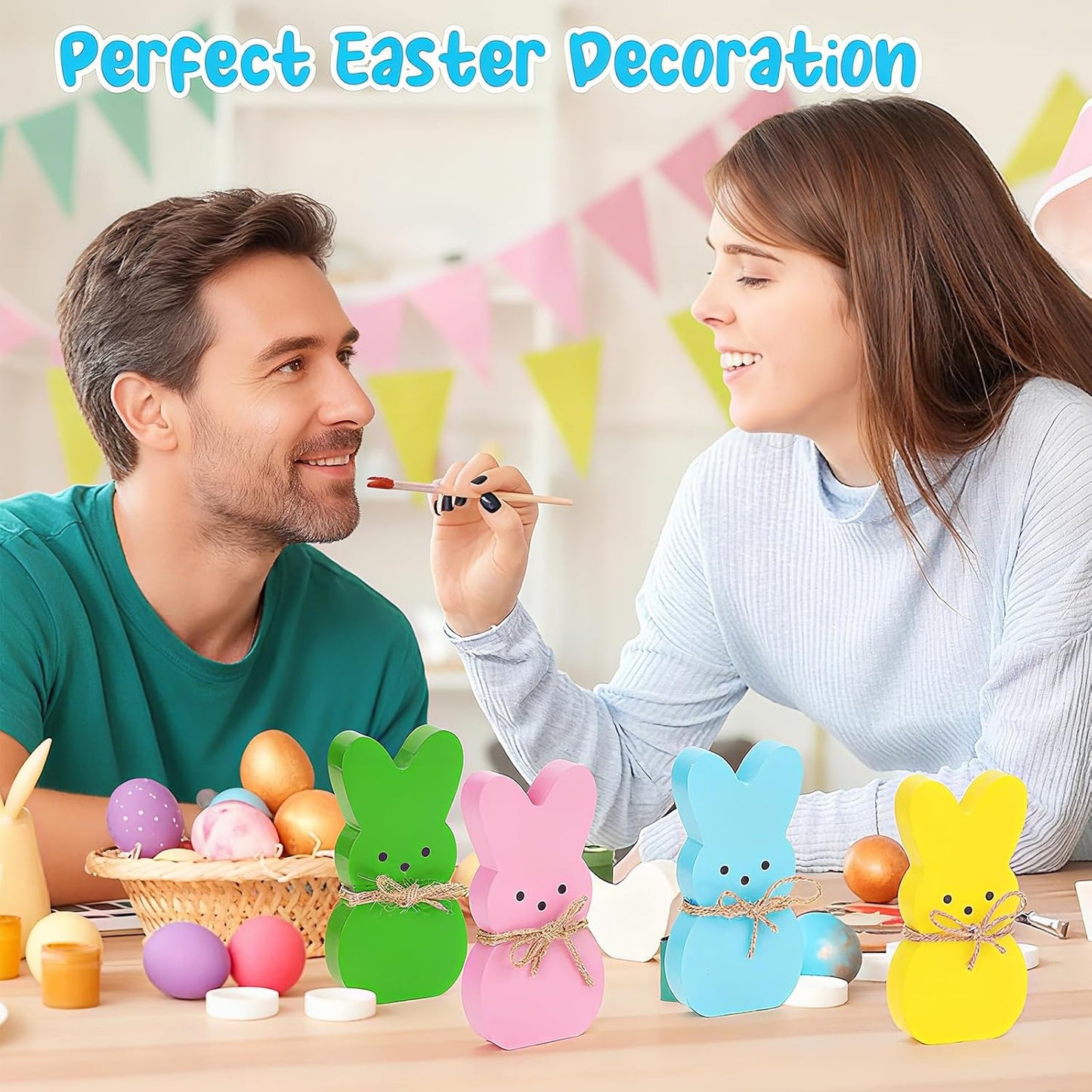 Wooden Easter Bunny Decor Set – 4PCS Spring Rabbit Table Signs for Tiered Tray & Farmhouse Mantel Decor