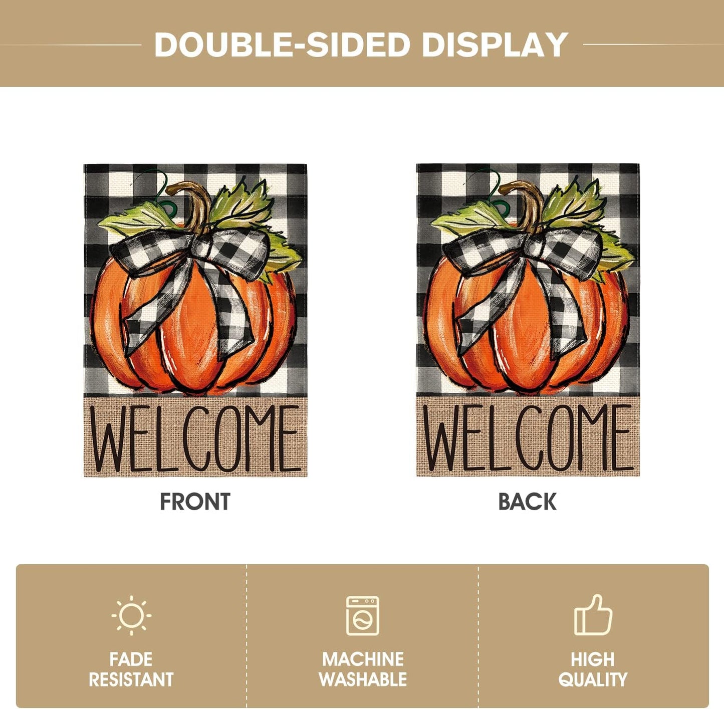 Fall Pumpkin Welcome Garden Flag – 12 x 18 Inch Double-Sided Buffalo Plaid