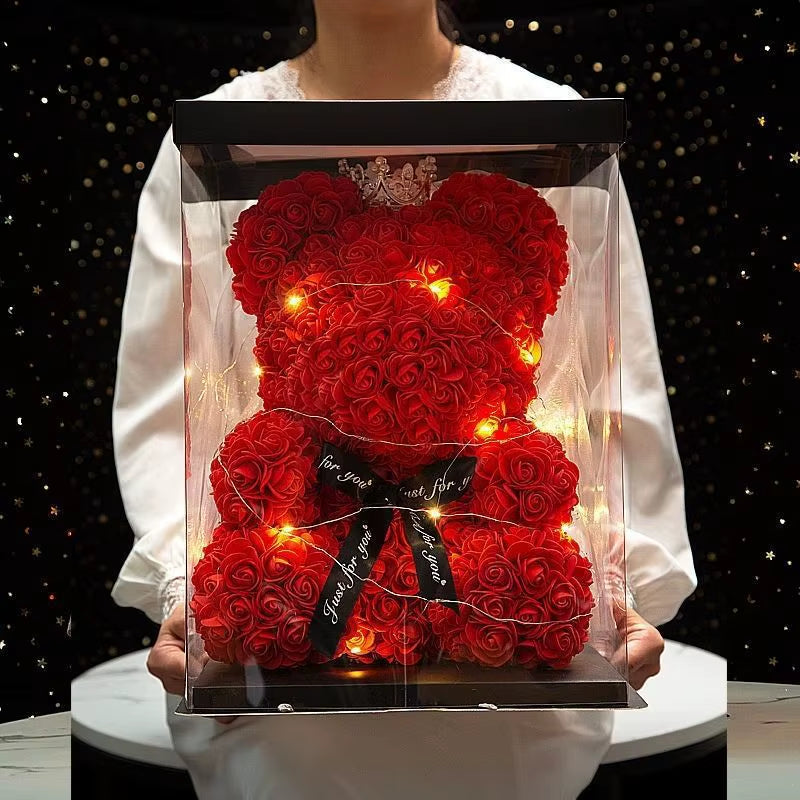 Home Eternal Flower 25Cm Artificial Teddy Rose Flower Bear with Box Girlfriend Women Birthday Wedding Party Decor Romantic Gift