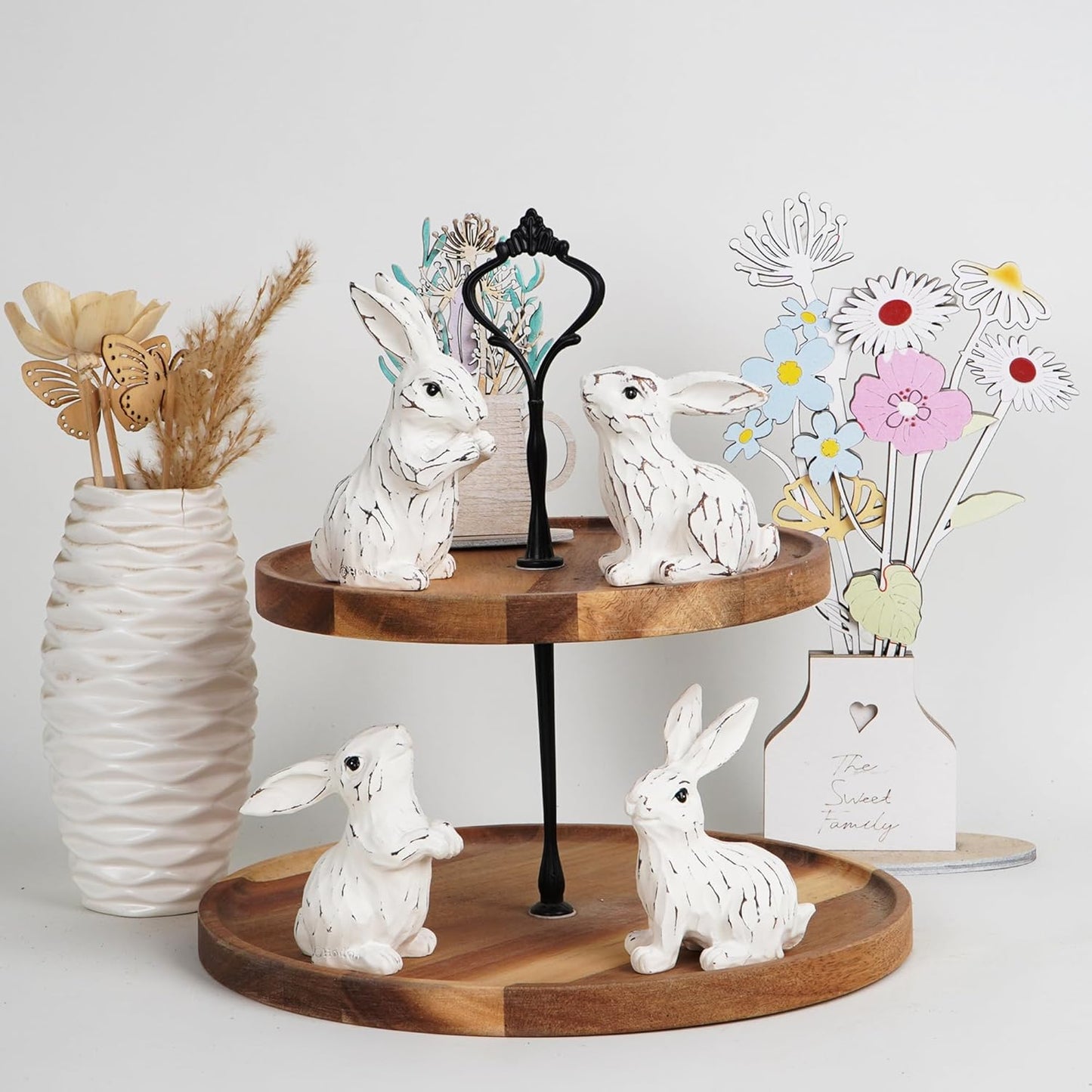 Easter Bunny Figurines Set – Hand-Painted White Resin Rabbit Decor
