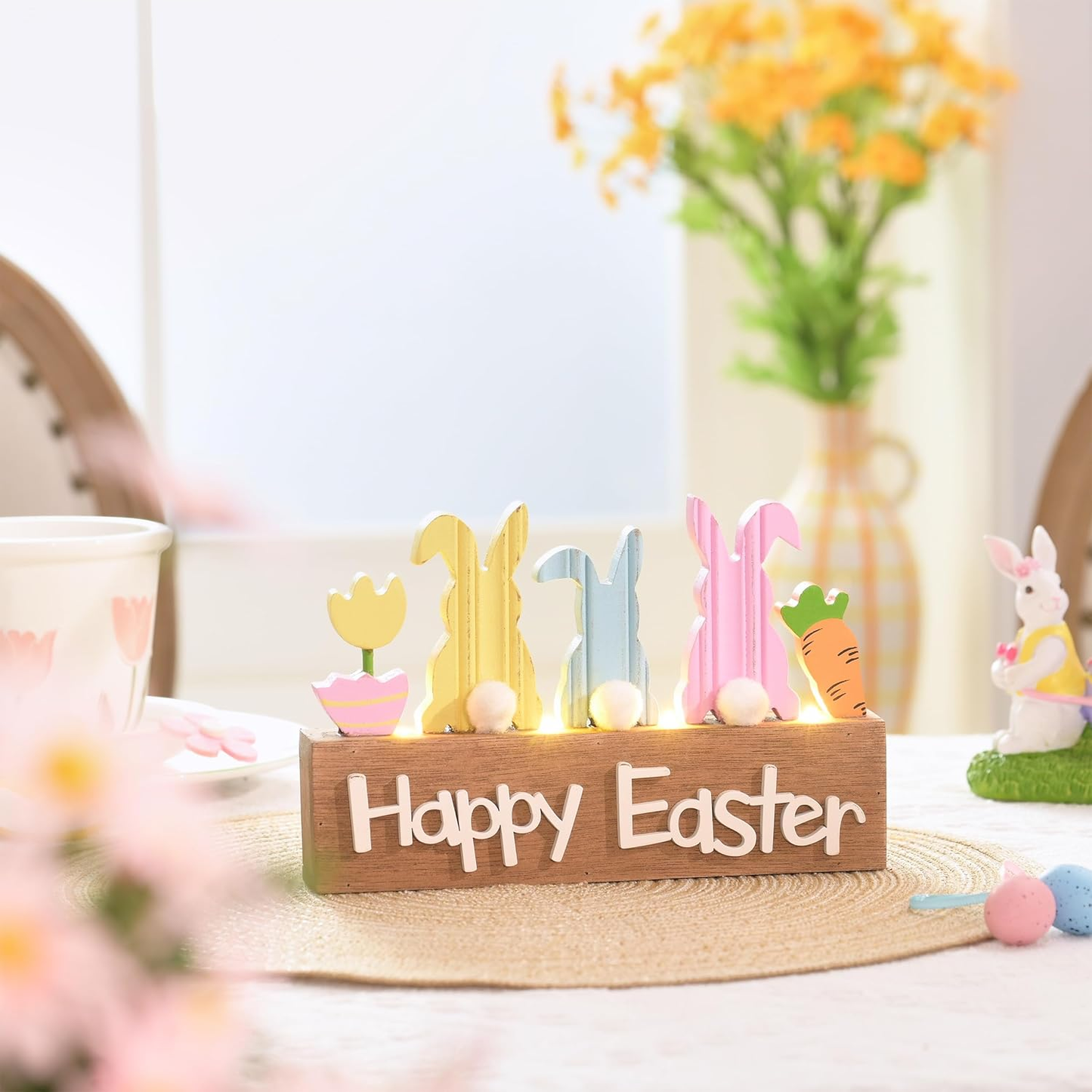 Easter Bunny Decorations with LED Lights – Wooden Lighted Easter Decor for Table, Shelf & Tiered Tray, Pink Blue, 8 Inch