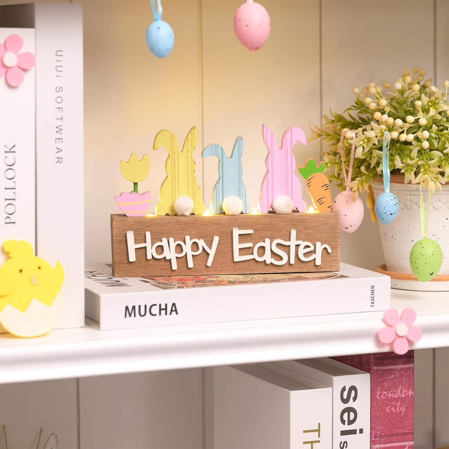 Easter Bunny Decorations with LED Lights – Wooden Lighted Easter Decor for Table, Shelf & Tiered Tray, Pink Blue, 8 Inch