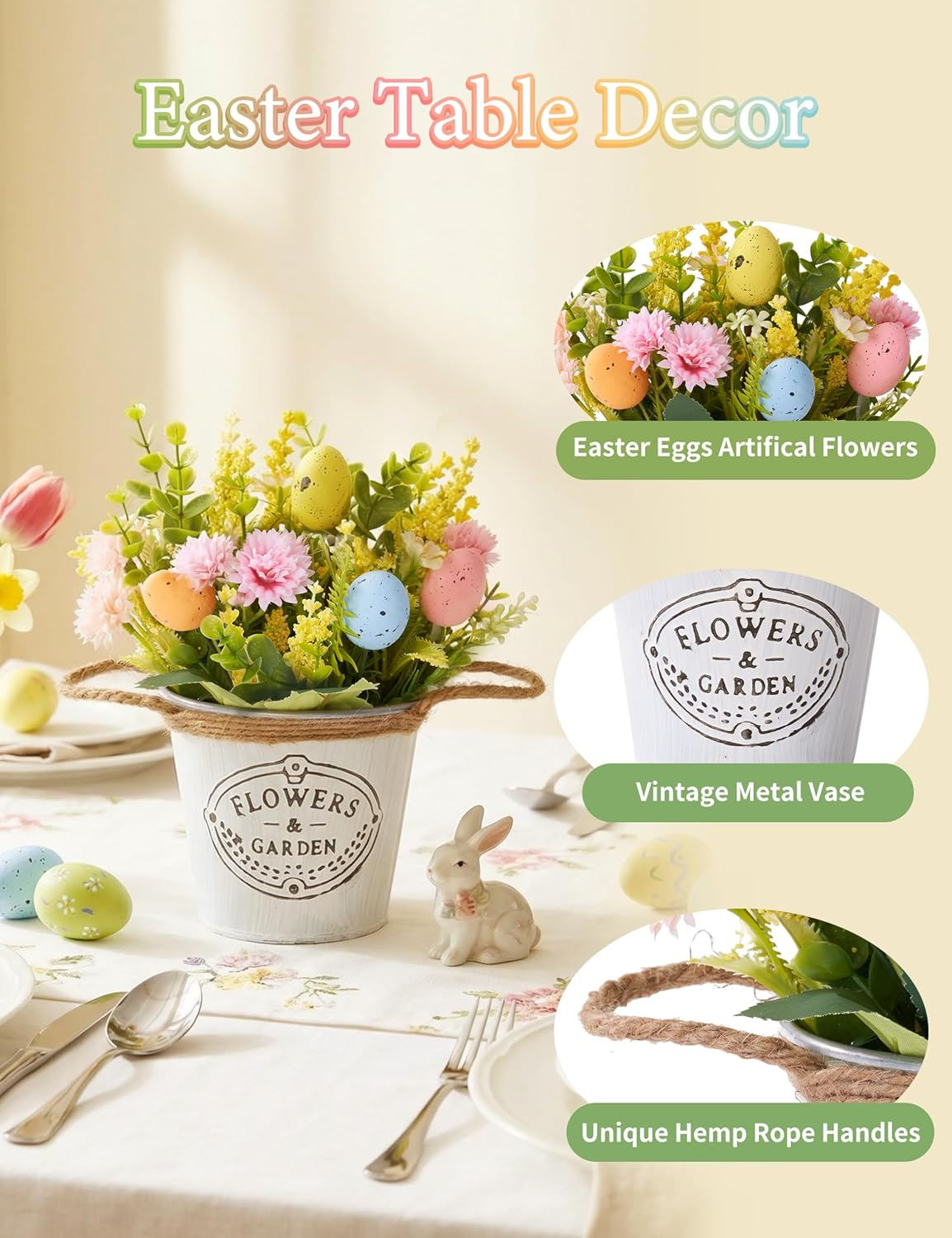 Easter Table Decorations – Farmhouse Spring Centerpiece with Eggs & Artificial Flowers