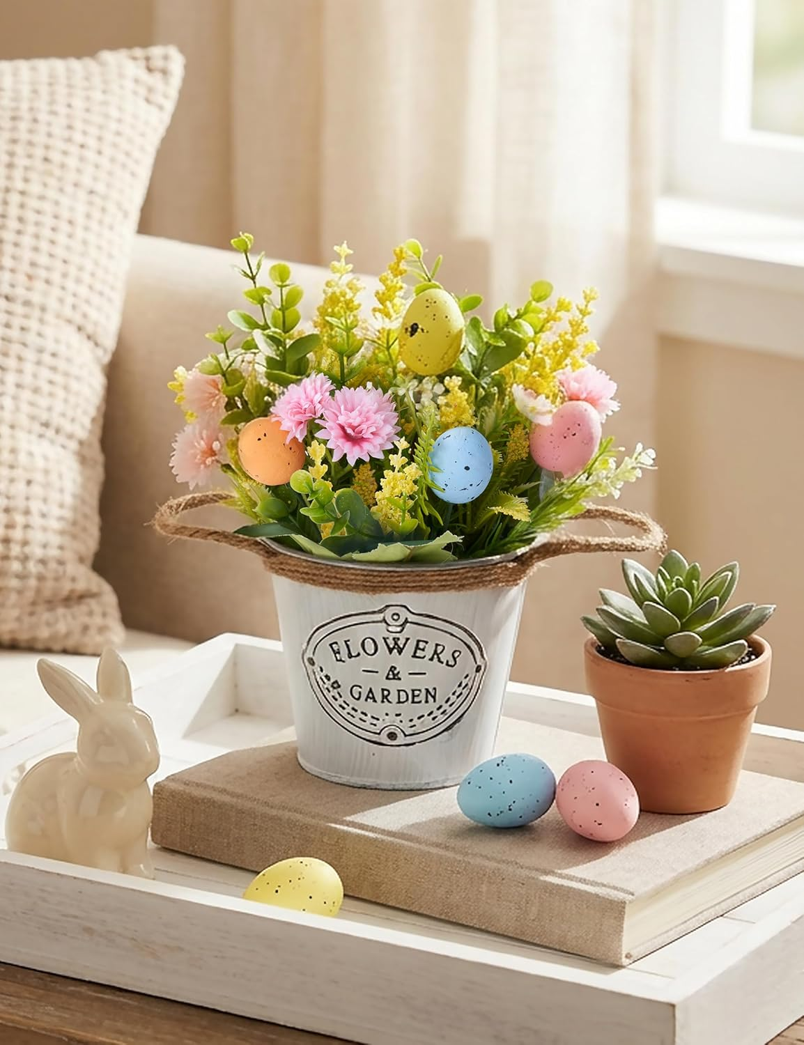 Easter Table Decorations – Farmhouse Spring Centerpiece with Eggs & Artificial Flowers