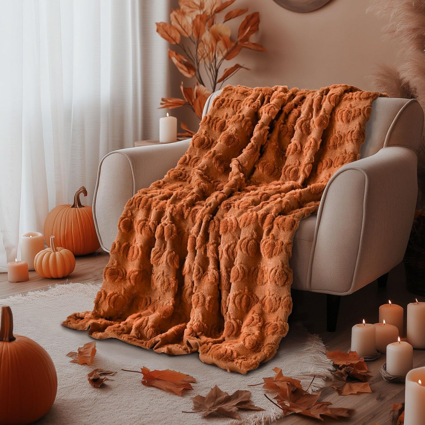 Fall Pumpkin Faux Fur Throw Blanket | Soft Plush Cozy Blanket