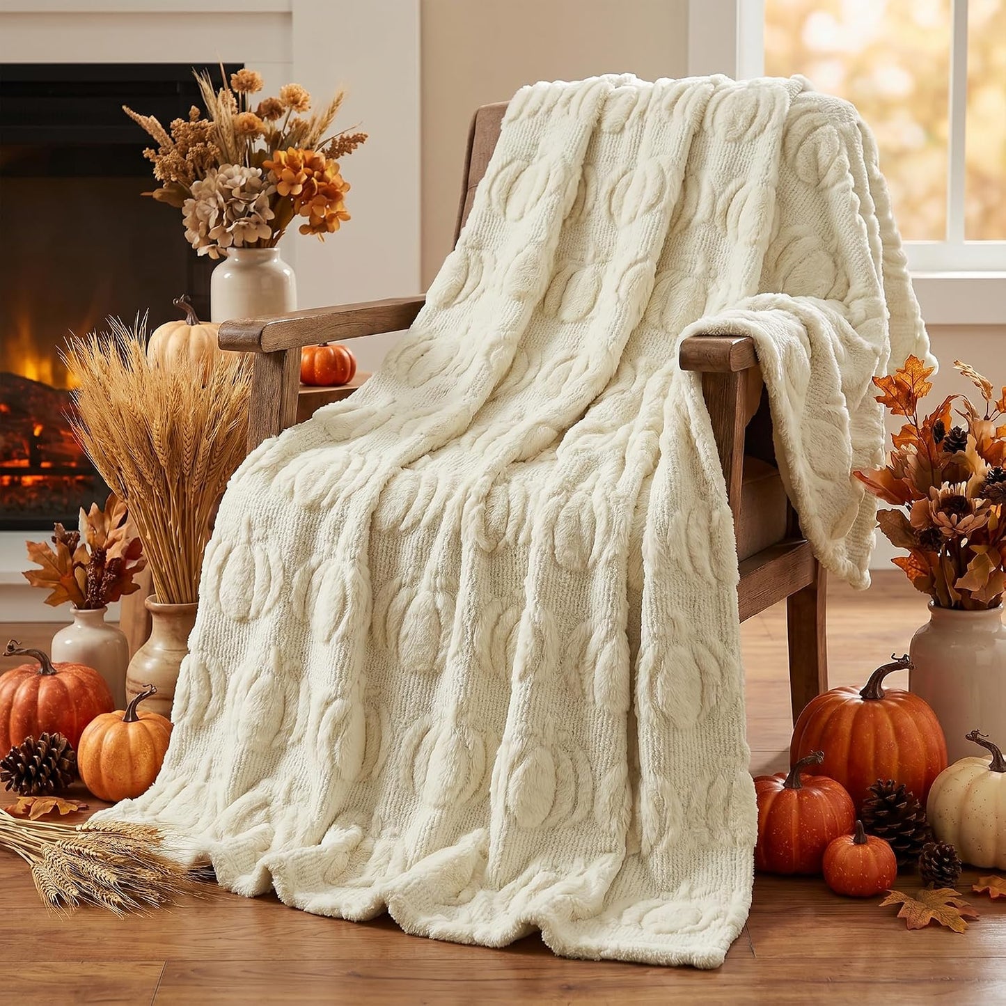 Fall Pumpkin Faux Fur Throw Blanket | Soft Plush Cozy Blanket