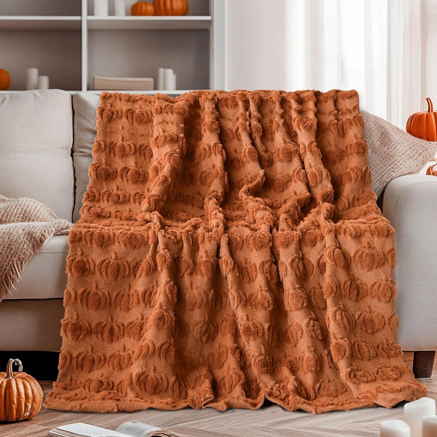 Fall Pumpkin Faux Fur Throw Blanket | Soft Plush Cozy Blanket