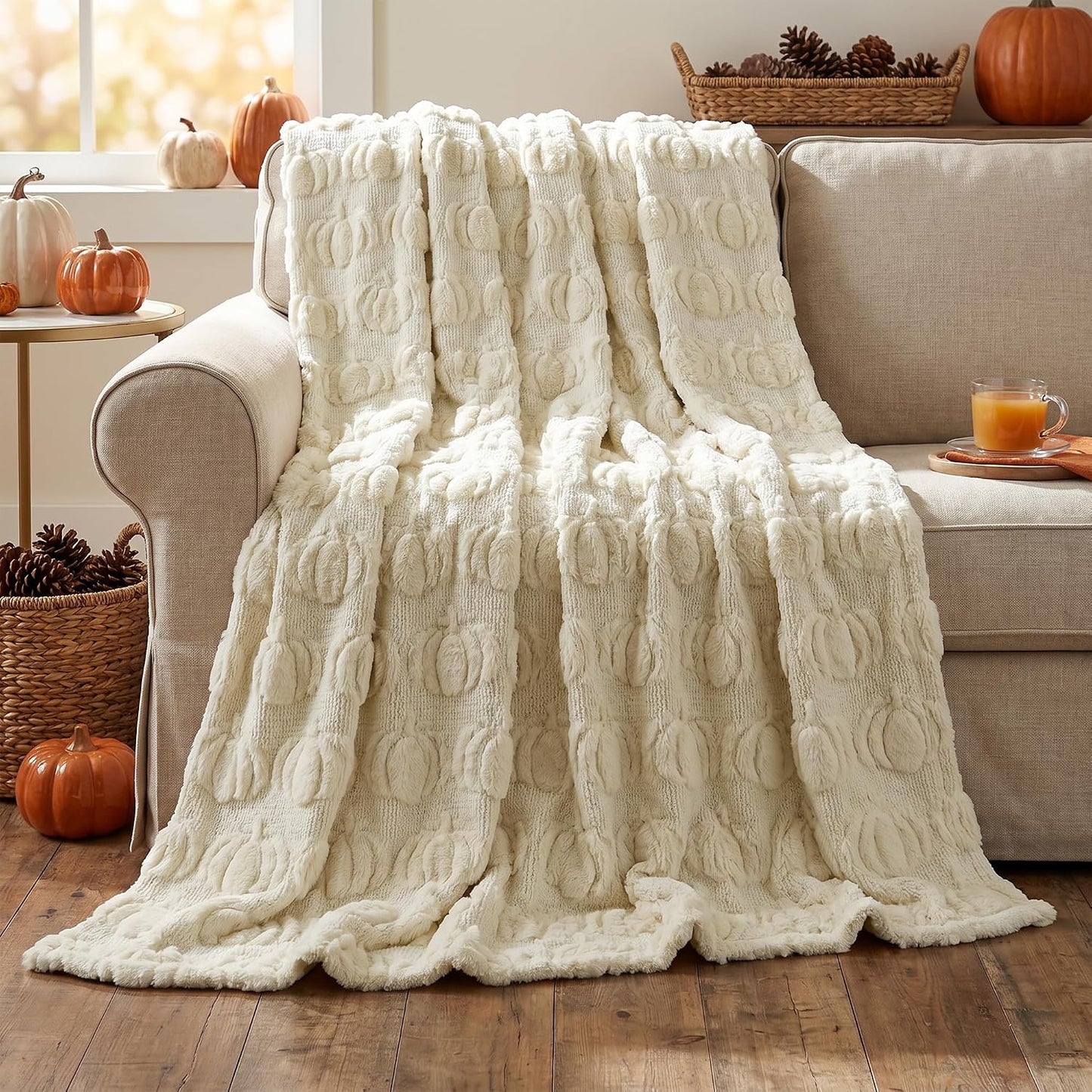 Fall Pumpkin Faux Fur Throw Blanket | Soft Plush Cozy Blanket