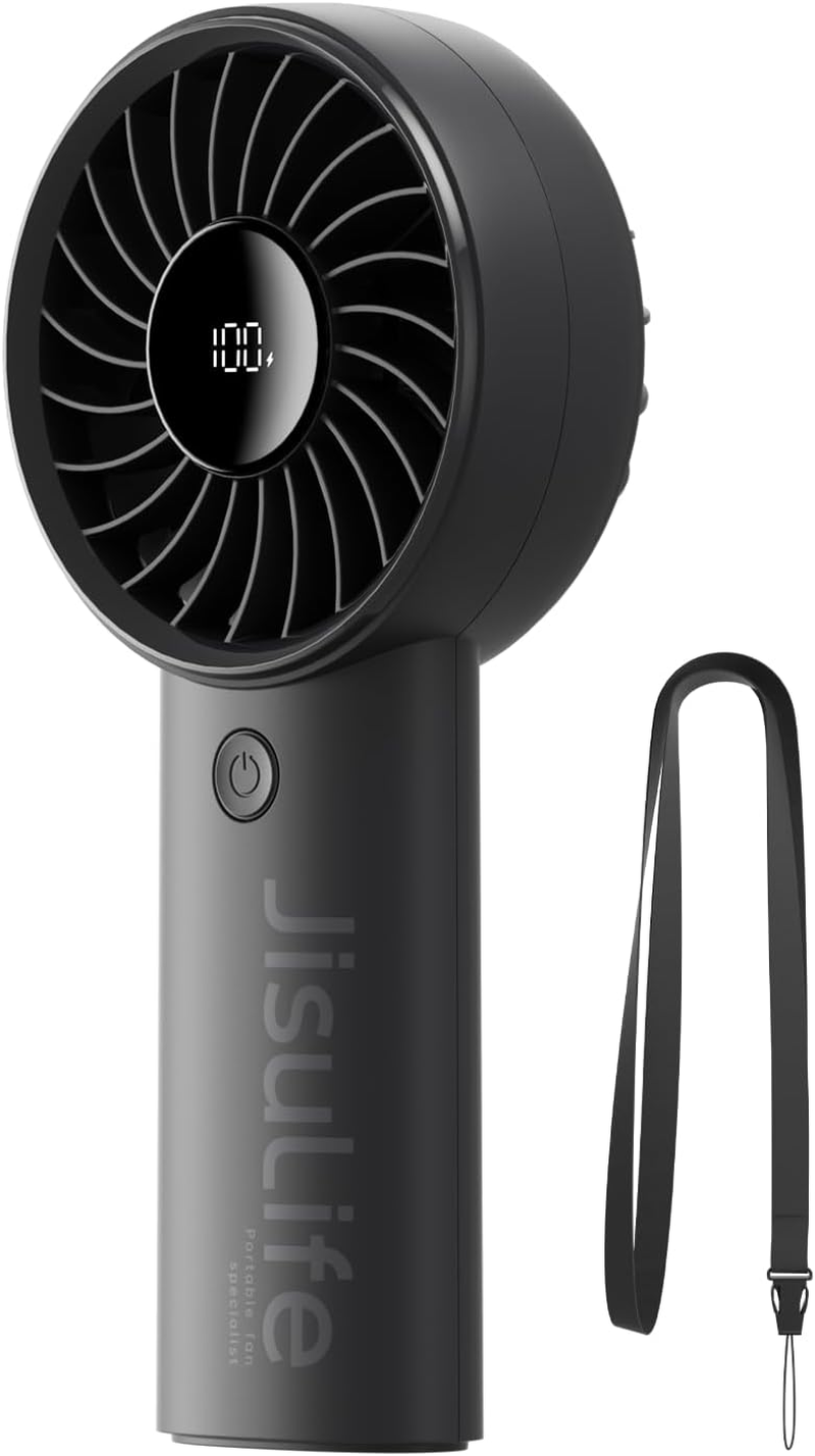 Portable Handheld Fan – USB Rechargeable Personal Fan with LED Display, 5 Speeds, Lanyard Included for Travel, Beach, Makeup and Outdoor Use
