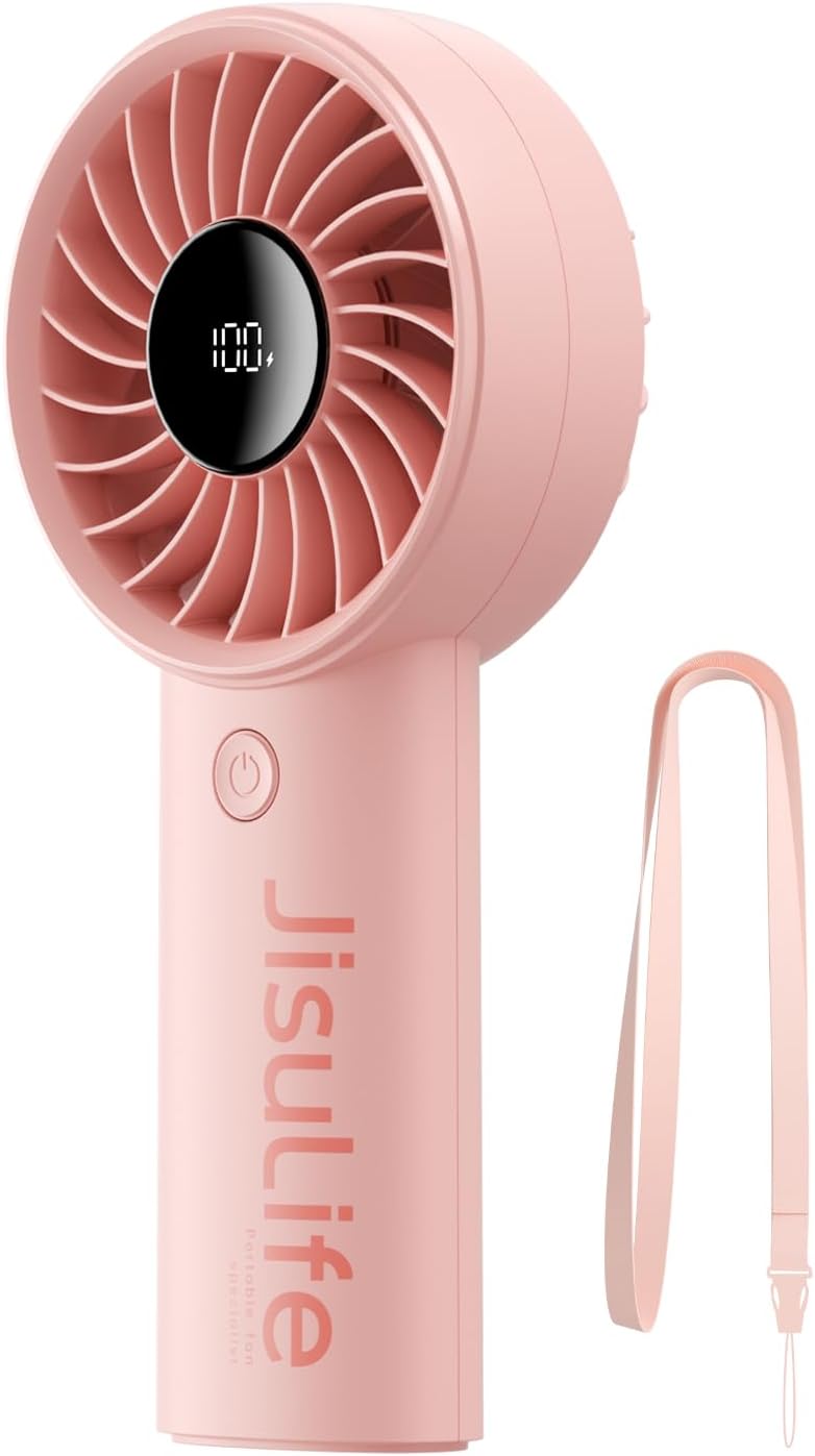 Portable Handheld Fan – USB Rechargeable Personal Fan with LED Display, 5 Speeds, Lanyard Included for Travel, Beach, Makeup and Outdoor Use