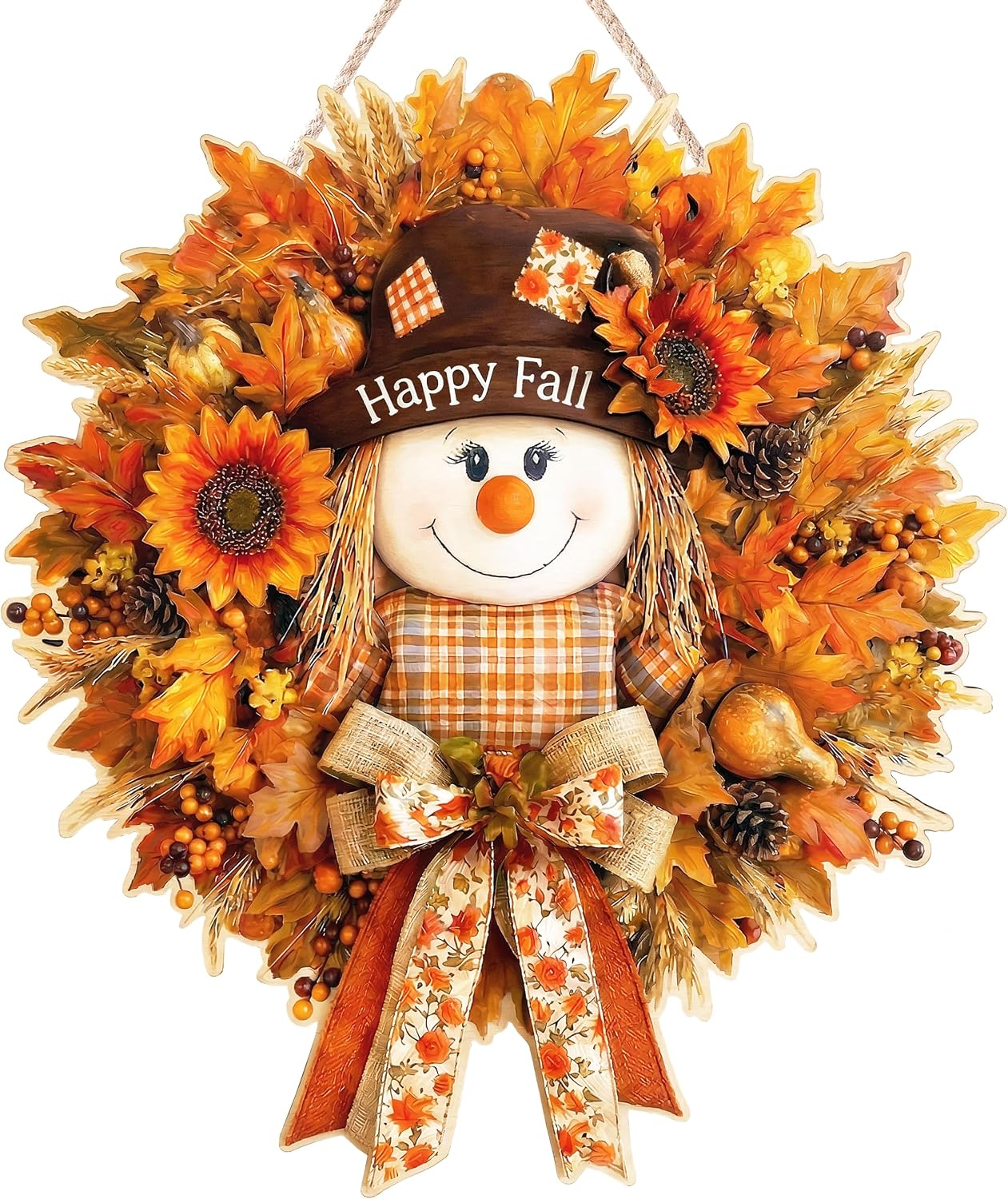 Scarecrow Fall Door Hanger – Wooden Welcome Sign with Maple Leaves