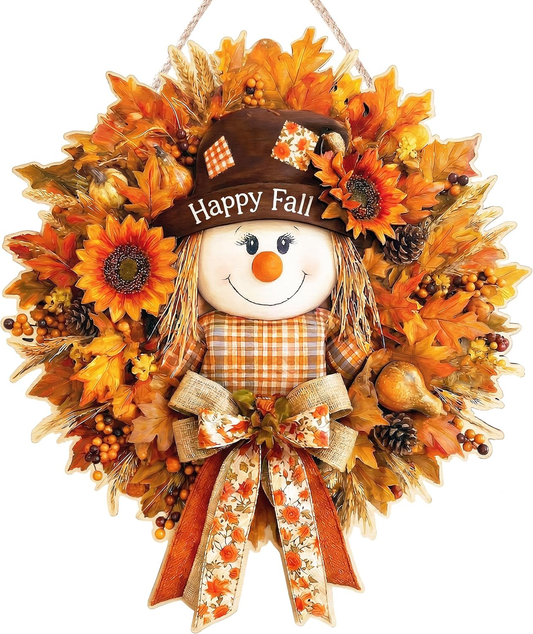 Scarecrow Fall Door Hanger – Wooden Welcome Sign with Maple Leaves