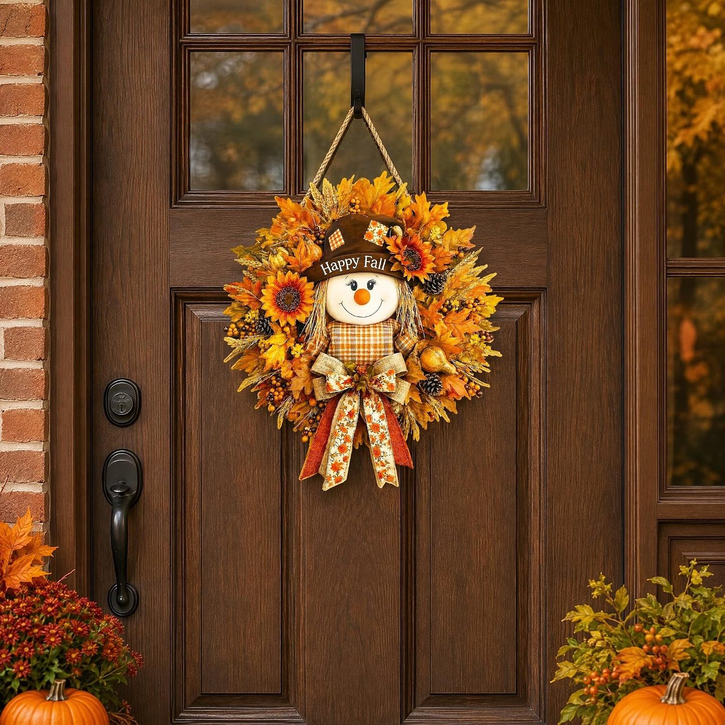 Scarecrow Fall Door Hanger – Wooden Welcome Sign with Maple Leaves