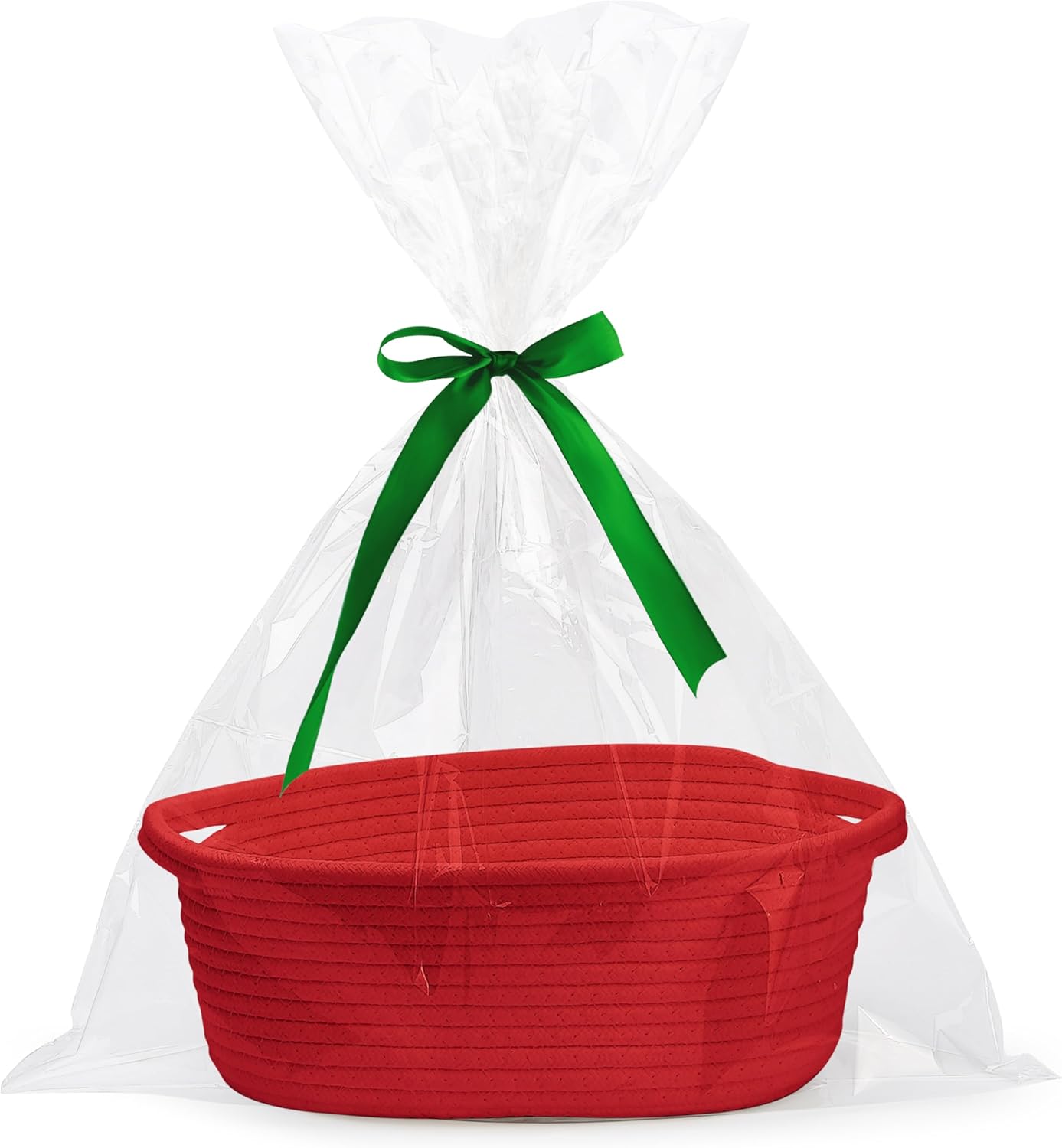 Small Woven Easter Basket with Gift Bags & Ribbons – White Rope Storage Basket with Handles (12" x 8" x 5")