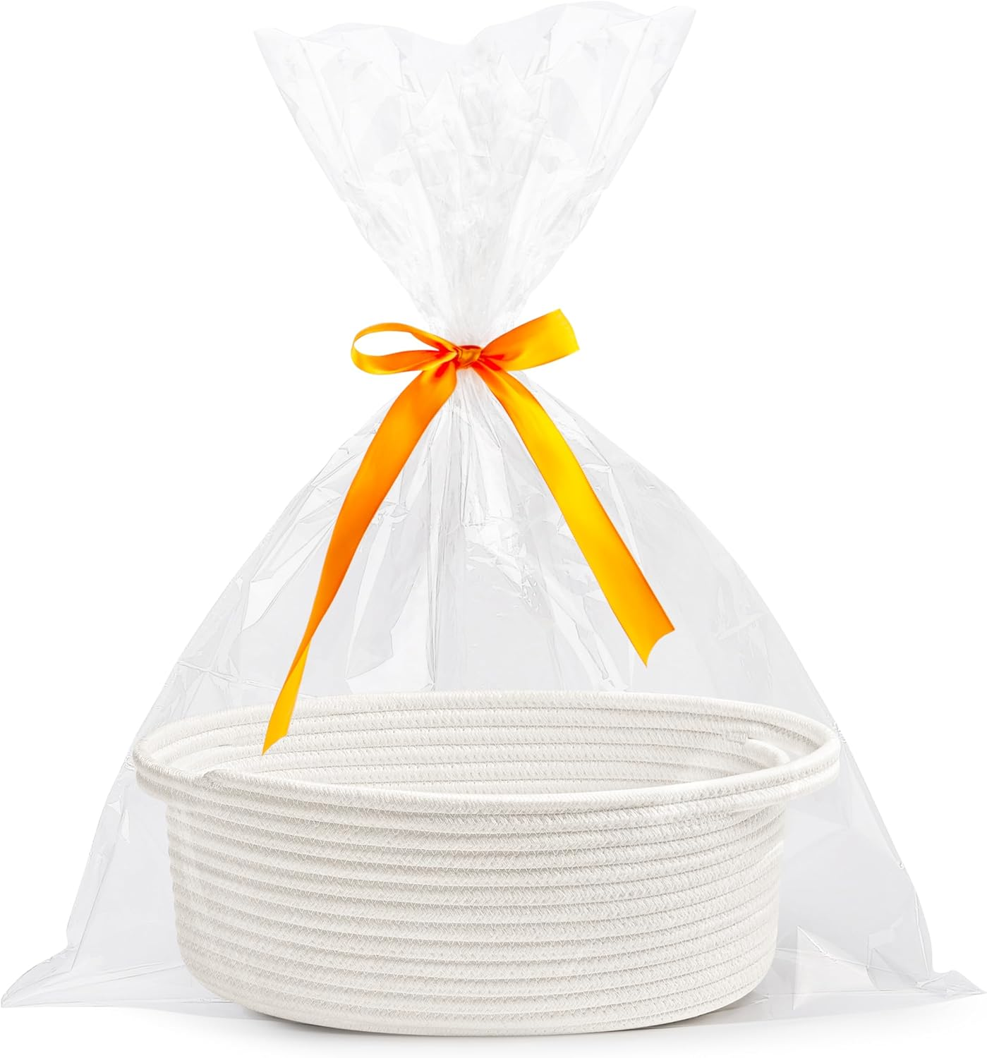 Small Woven Easter Basket with Gift Bags & Ribbons – White Rope Storage Basket with Handles (12" x 8" x 5")