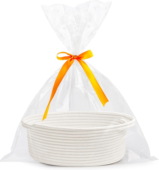 Small Woven Easter Basket with Gift Bags & Ribbons – White Rope Storage Basket with Handles (12" x 8" x 5")